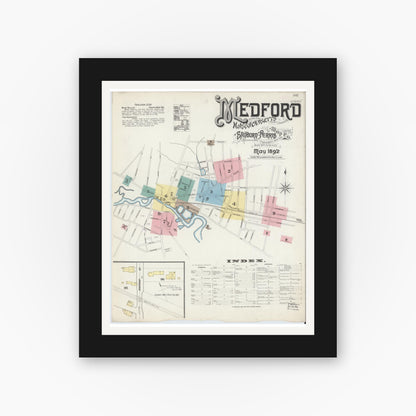 Old map wall art mockup — black gallery frame with white mat — Sanborn Fire Insurance Map from Medford, Middlesex County, Massachusetts (1892) - Complete Map Set