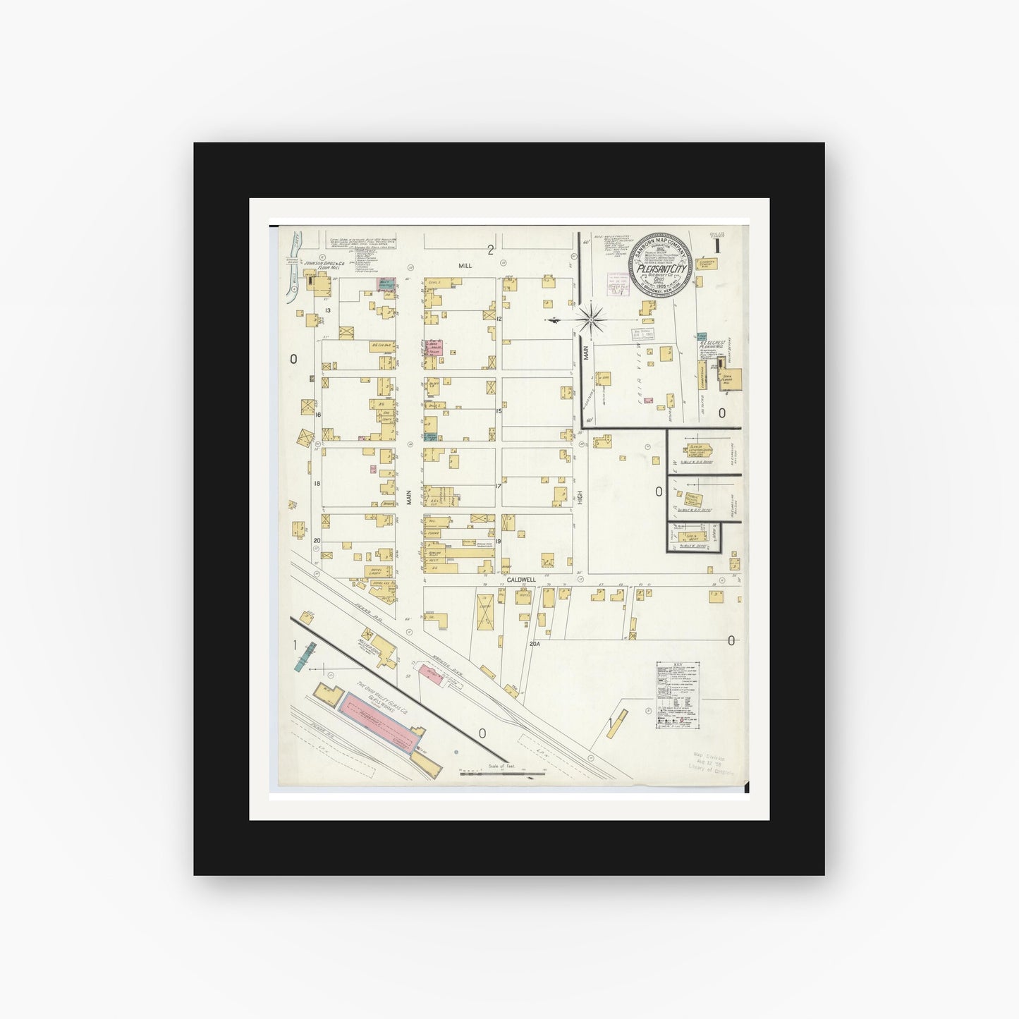 Old map wall art mockup — black gallery frame with white mat — Sanborn Fire Insurance Map from Pleasant City, Guernsey County, Ohio (1905), Sheet #0001