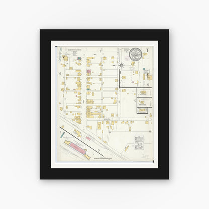 Old map wall art mockup — black gallery frame with white mat — Sanborn Fire Insurance Map from Pleasant City, Guernsey County, Ohio (1905), Sheet #0001
