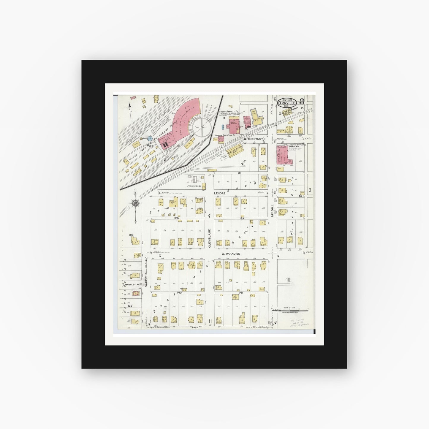 Old map wall art mockup — black gallery frame with white mat — Sanborn Fire Insurance Map from Orrville, Wayne County, Ohio (1920), Sheet #0008