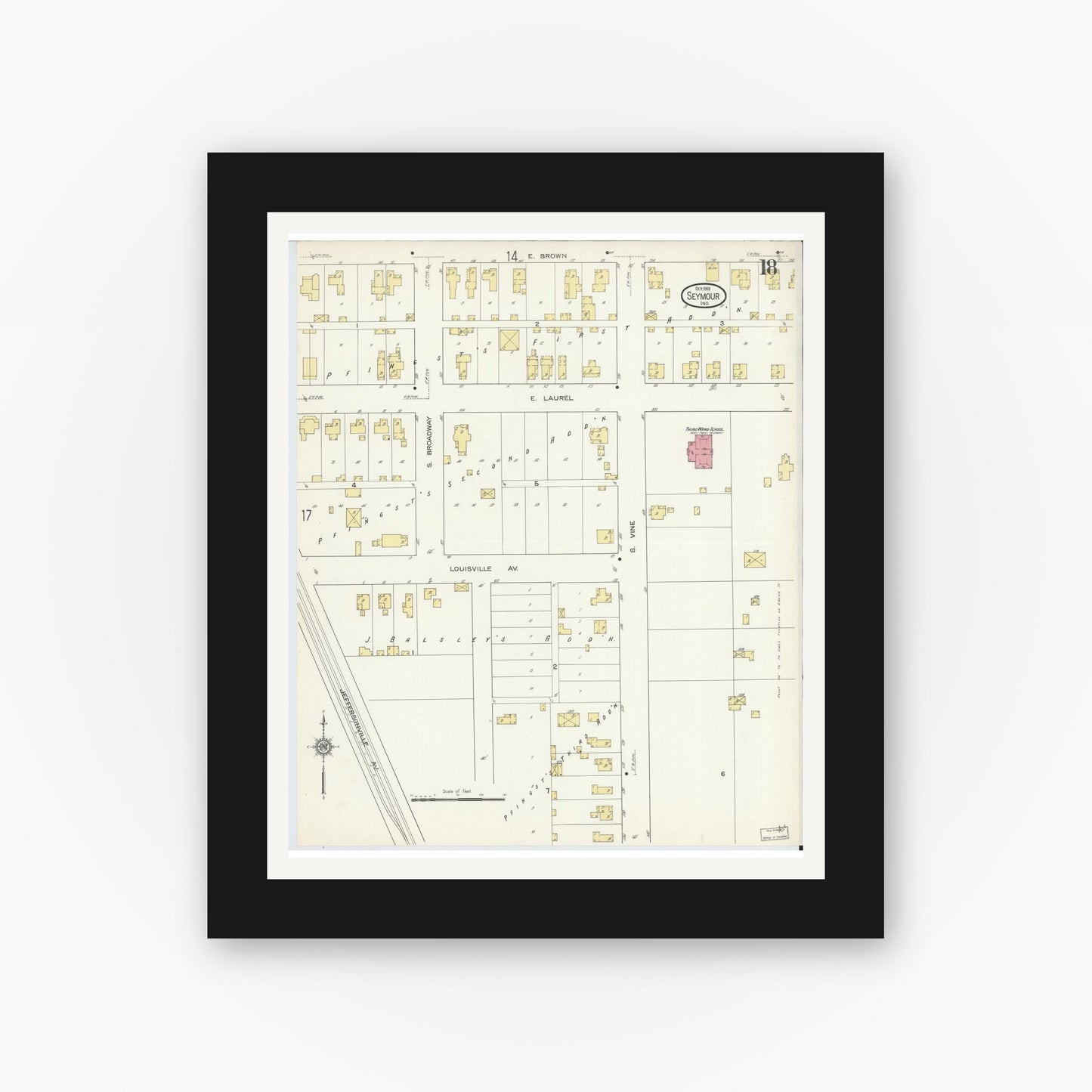 Old map wall art mockup — black gallery frame with white mat — Sanborn Fire Insurance Map from Seymour, Jackson County, Indiana (1913), Sheet #0018
