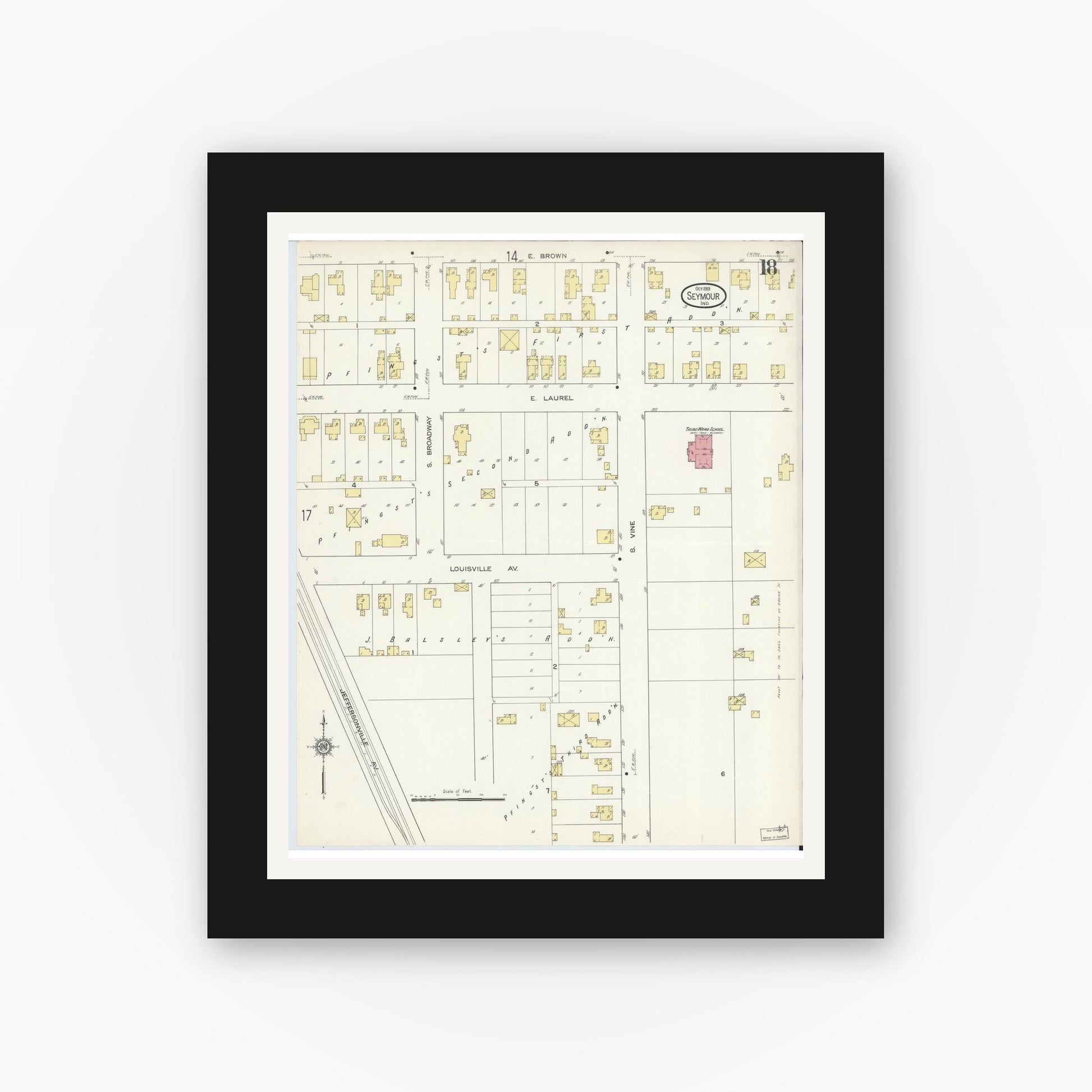 Old map wall art mockup — black gallery frame with white mat — Sanborn Fire Insurance Map from Seymour, Jackson County, Indiana (1913), Sheet #0018
