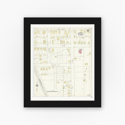 Old map wall art mockup — black gallery frame with white mat — Sanborn Fire Insurance Map from Seymour, Jackson County, Indiana (1913), Sheet #0018