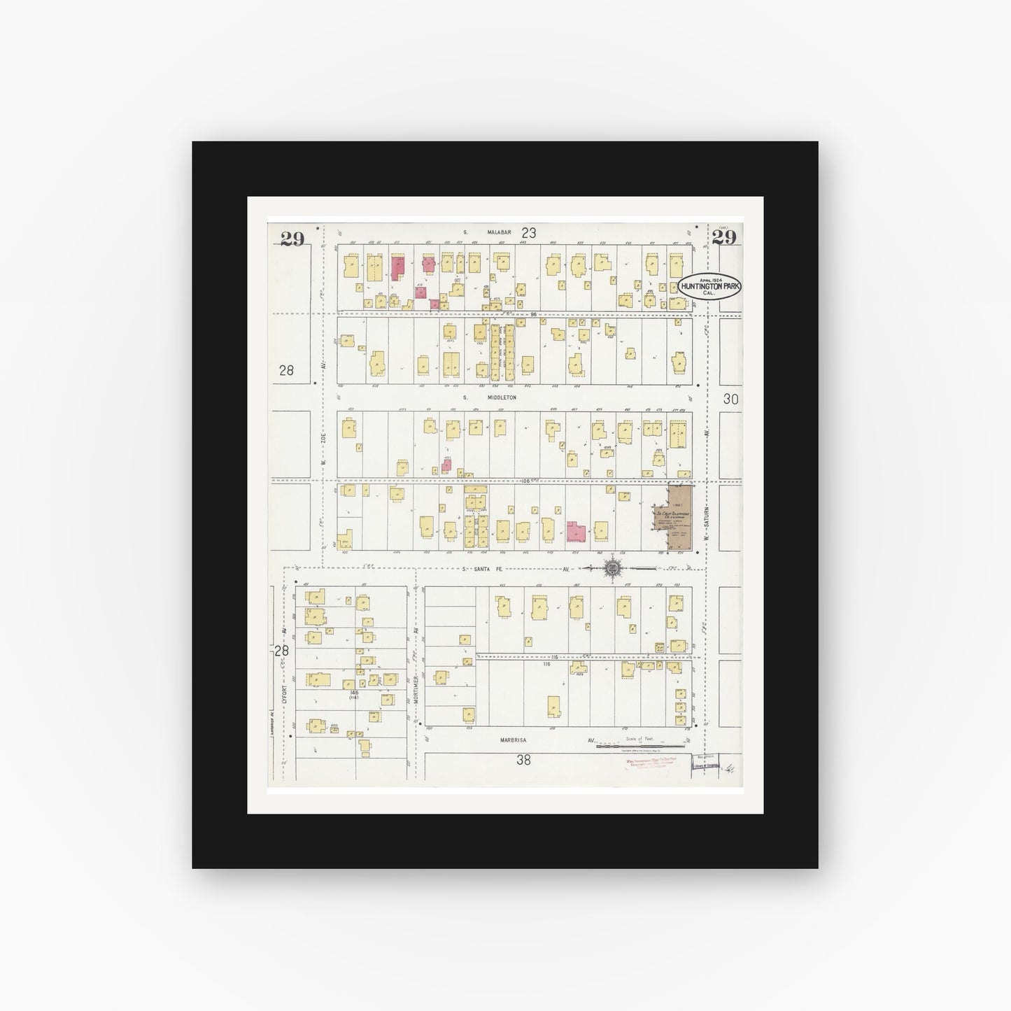 Old map wall art mockup — black gallery frame with white mat — Sanborn Fire Insurance Map from Huntington Park, Los Angeles County, California (1924), Sheet #0029