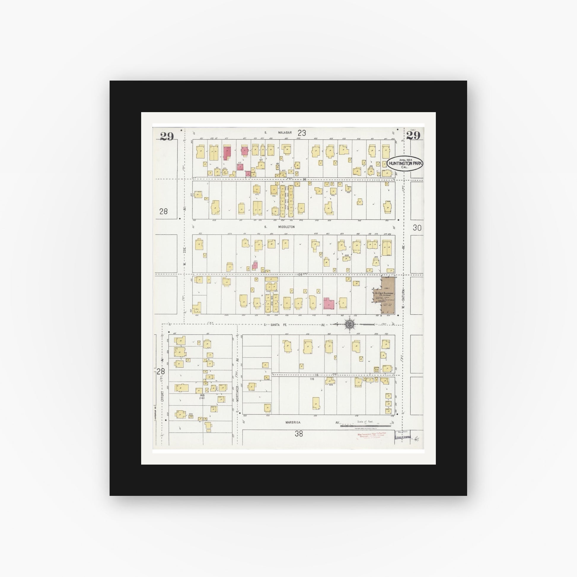 Old map wall art mockup — black gallery frame with white mat — Sanborn Fire Insurance Map from Huntington Park, Los Angeles County, California (1924), Sheet #0029