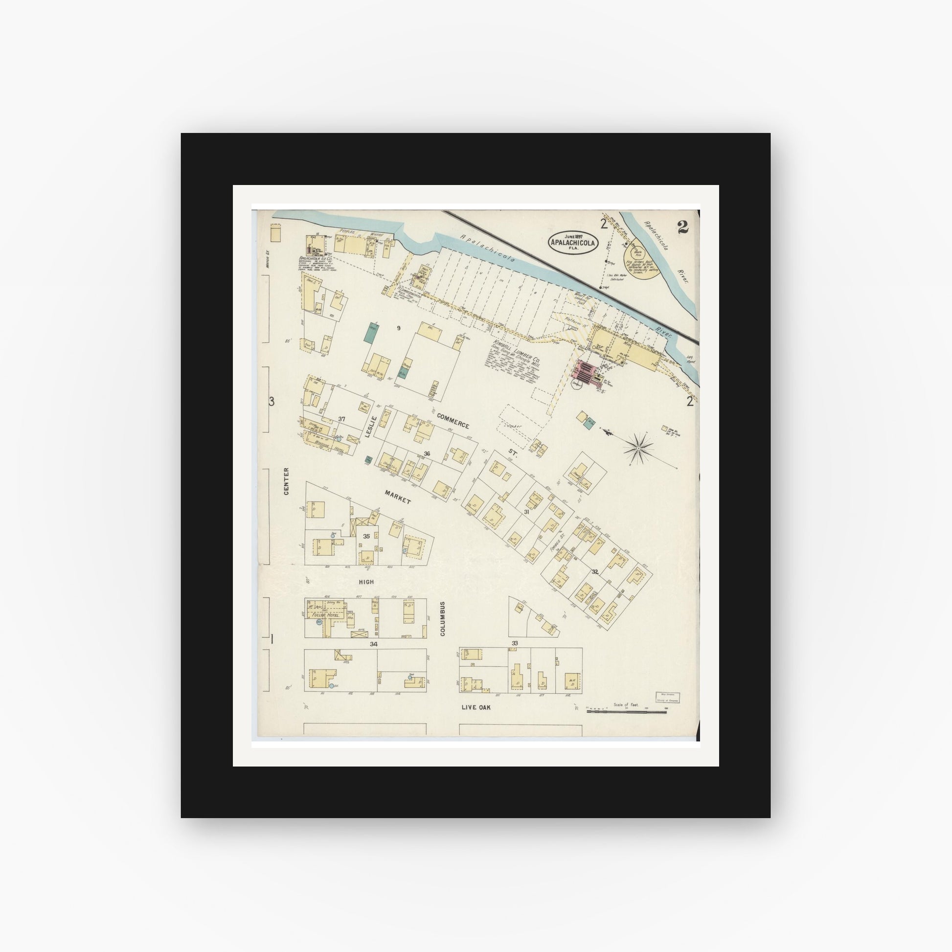 Old map wall art mockup — black gallery frame with white mat — Sanborn Fire Insurance Map from Apalachicola, Franklin County, Florida (1897) - Complete Map Set