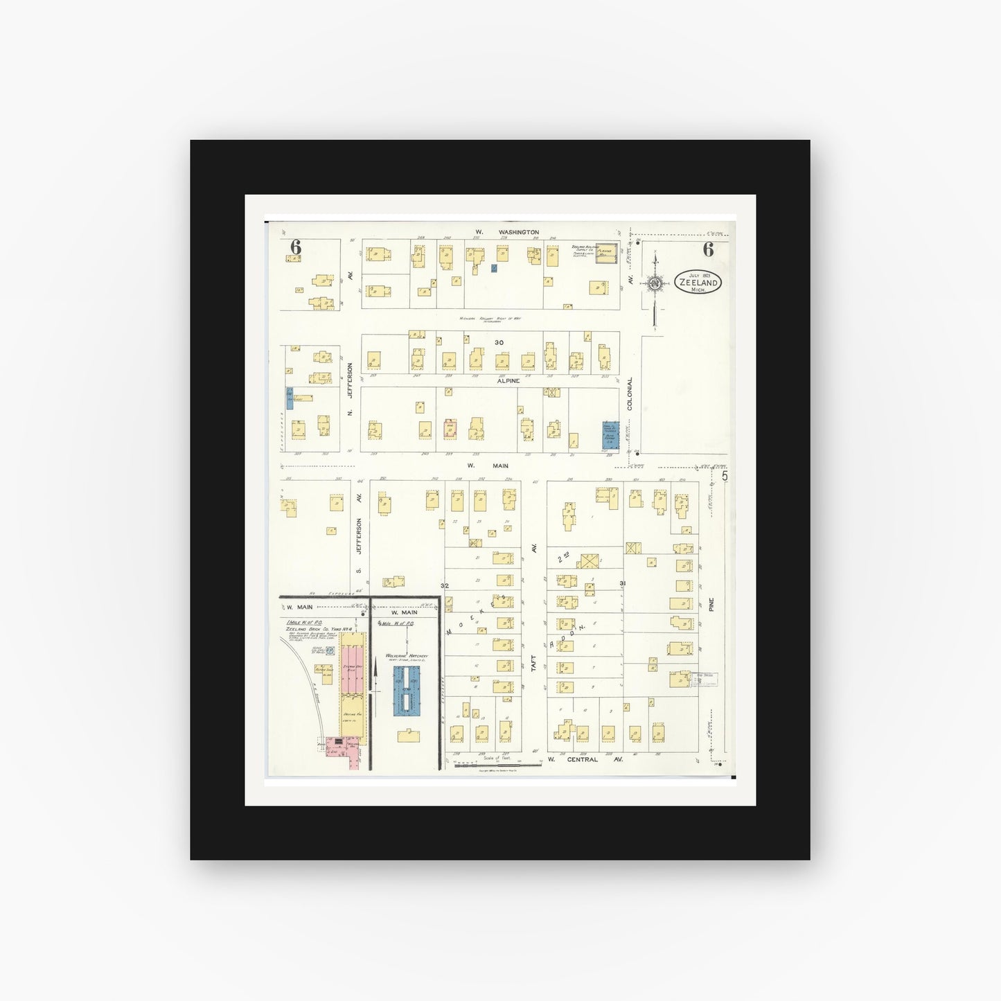 Old map wall art mockup — black gallery frame with white mat — Sanborn Fire Insurance Map from Zeeland, Ottawa County, Michigan (1923), Sheet #0006