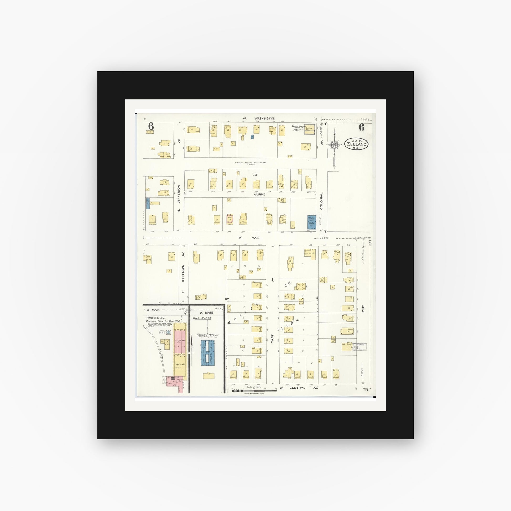 Old map wall art mockup — black gallery frame with white mat — Sanborn Fire Insurance Map from Zeeland, Ottawa County, Michigan (1923), Sheet #0006
