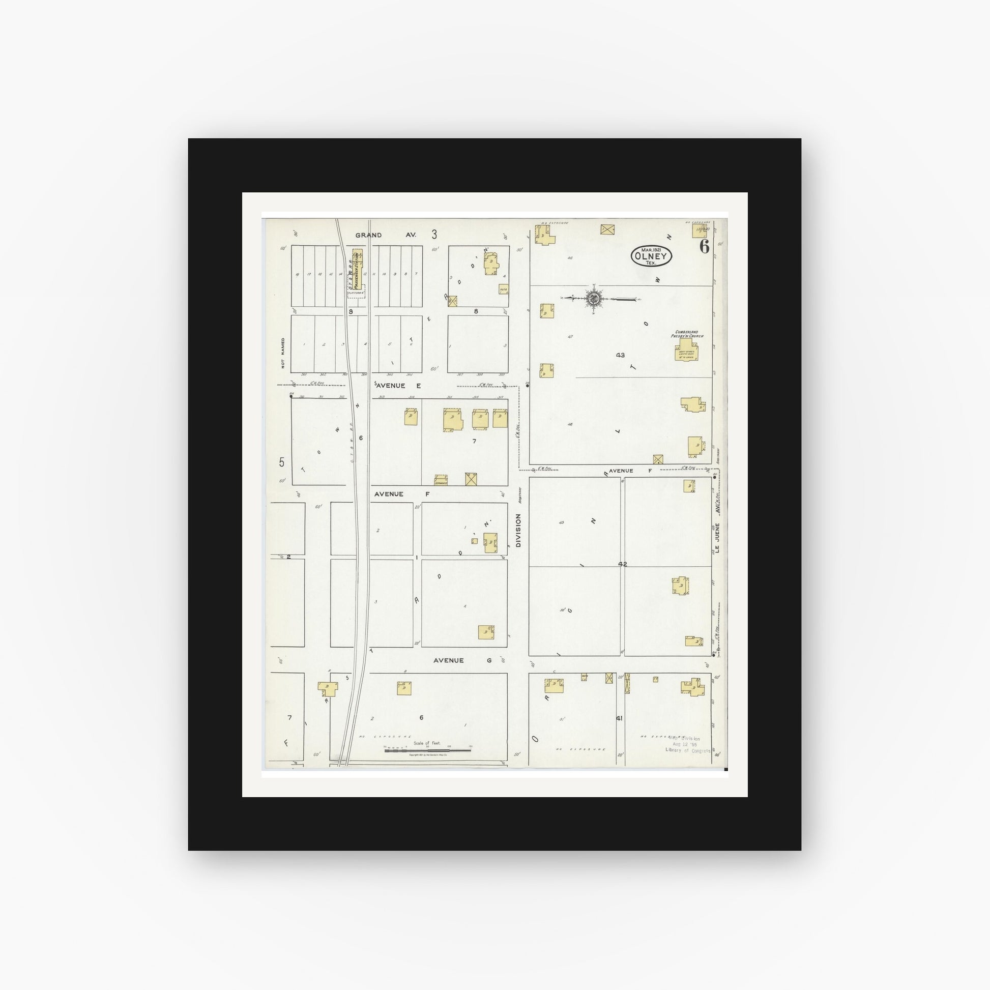 Old map wall art mockup — black gallery frame with white mat — Sanborn Fire Insurance Map from Olney, Young County, Texas (1921), Sheet #0006