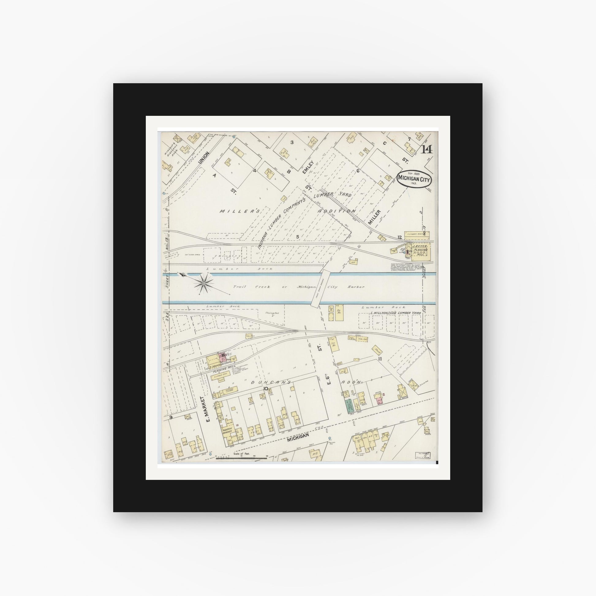 Old map wall art mockup — black gallery frame with white mat — Sanborn Fire Insurance Map from Michigan City, La Porte County, Indiana (1889), Sheet #0014
