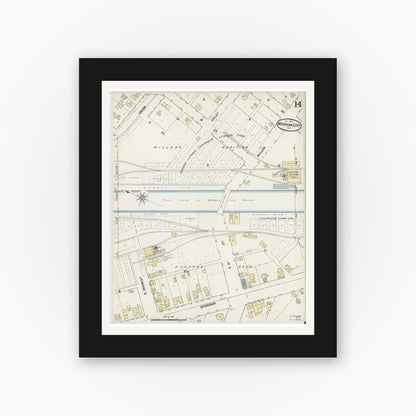 Old map wall art mockup — black gallery frame with white mat — Sanborn Fire Insurance Map from Michigan City, La Porte County, Indiana (1889), Sheet #0014