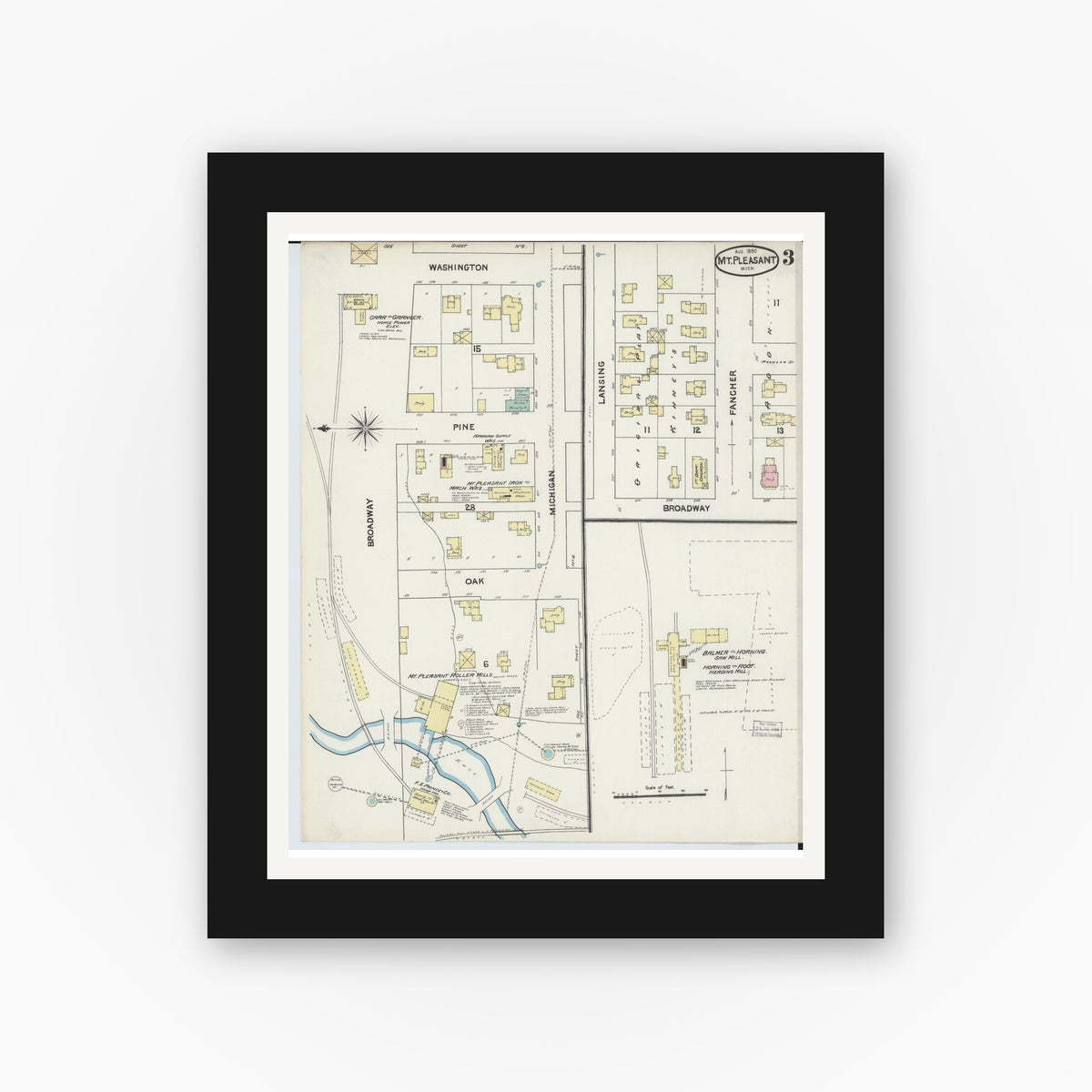 Old map wall art mockup — black gallery frame with white mat — Sanborn Fire Insurance Map from Mount Pleasant, Isabella County, Michigan (1890), Sheet #0003