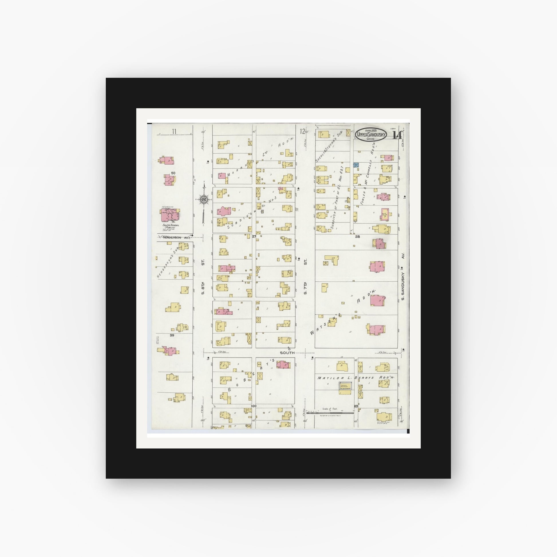 Old map wall art mockup — black gallery frame with white mat — Sanborn Fire Insurance Map from Upper Sandusky, Wyandot County, Ohio (1921), Sheet #0014