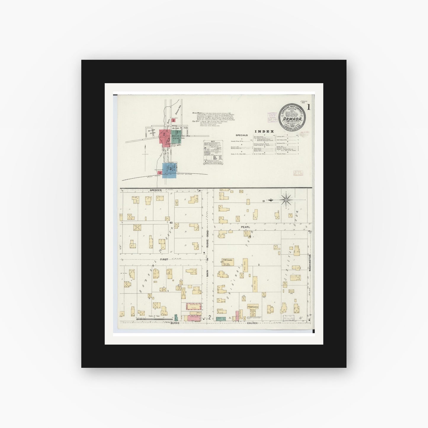 Old map wall art mockup — black gallery frame with white mat — Sanborn Fire Insurance Map from Armada, Macomb County, Michigan (1907), Sheet #0001