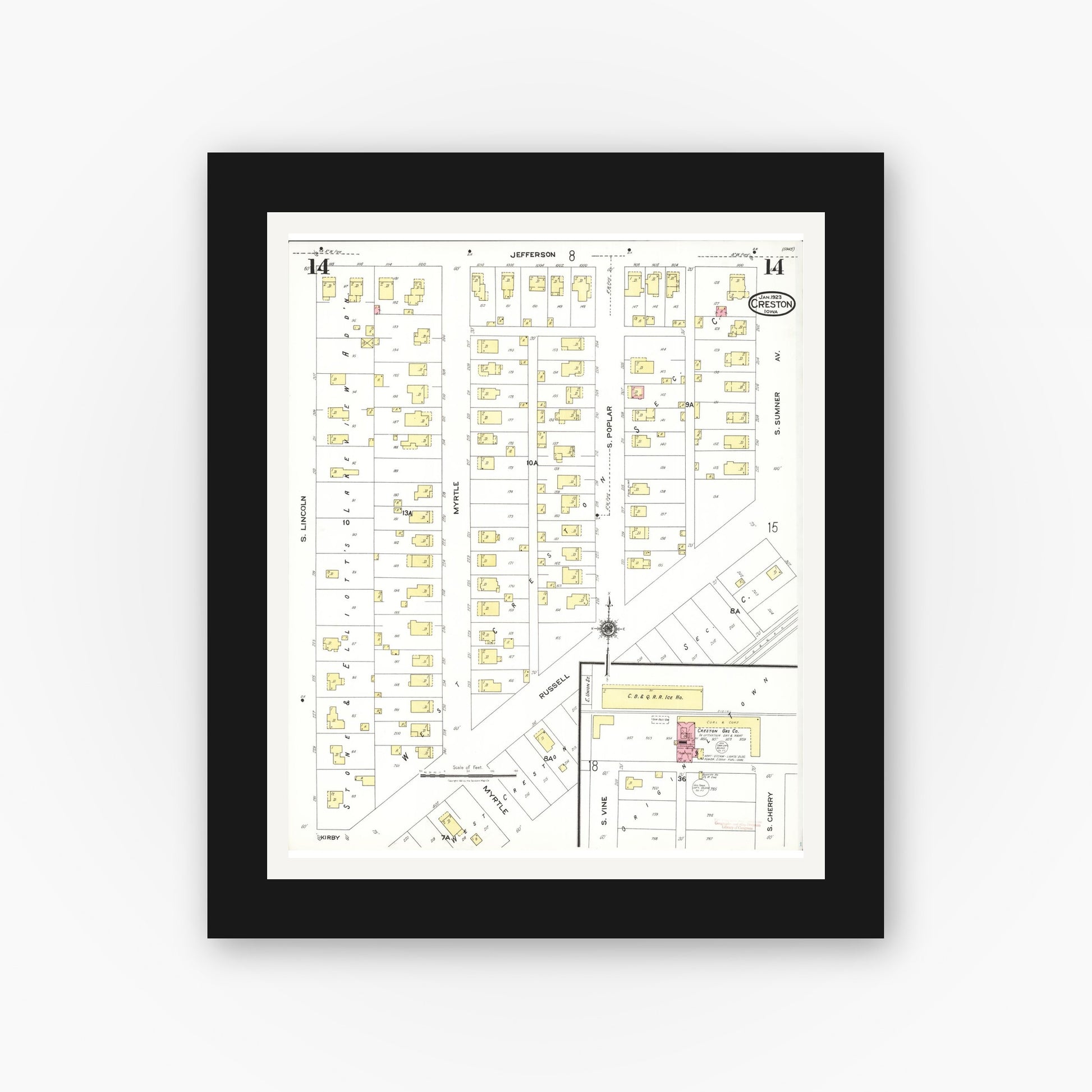 Old map wall art mockup — black gallery frame with white mat — Sanborn Fire Insurance Map from Creston, Union County, Iowa (1923), Sheet #0014