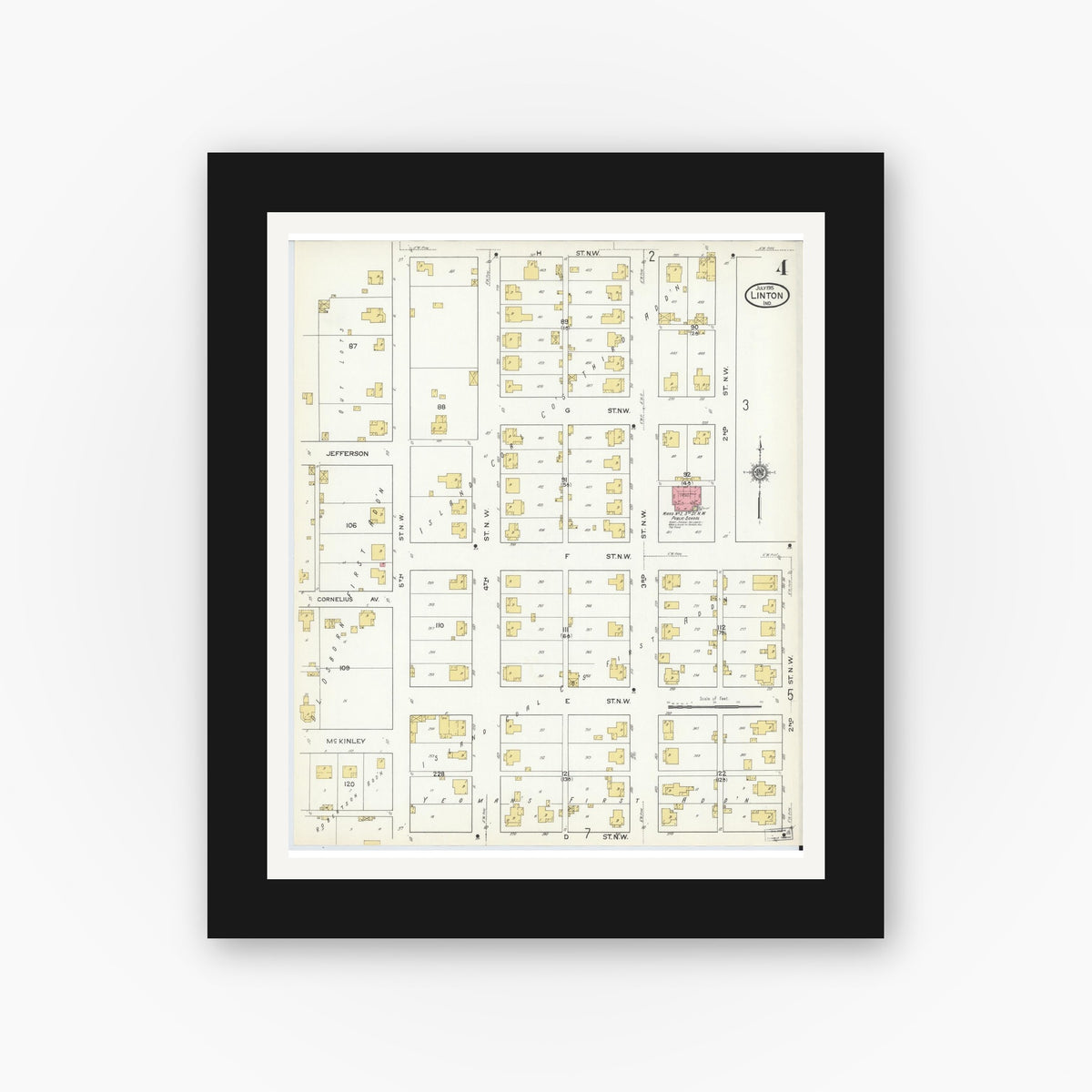 Old map wall art mockup — black gallery frame with white mat — Sanborn Fire Insurance Map from Linton, Greene County, Indiana (1915), Sheet #0004