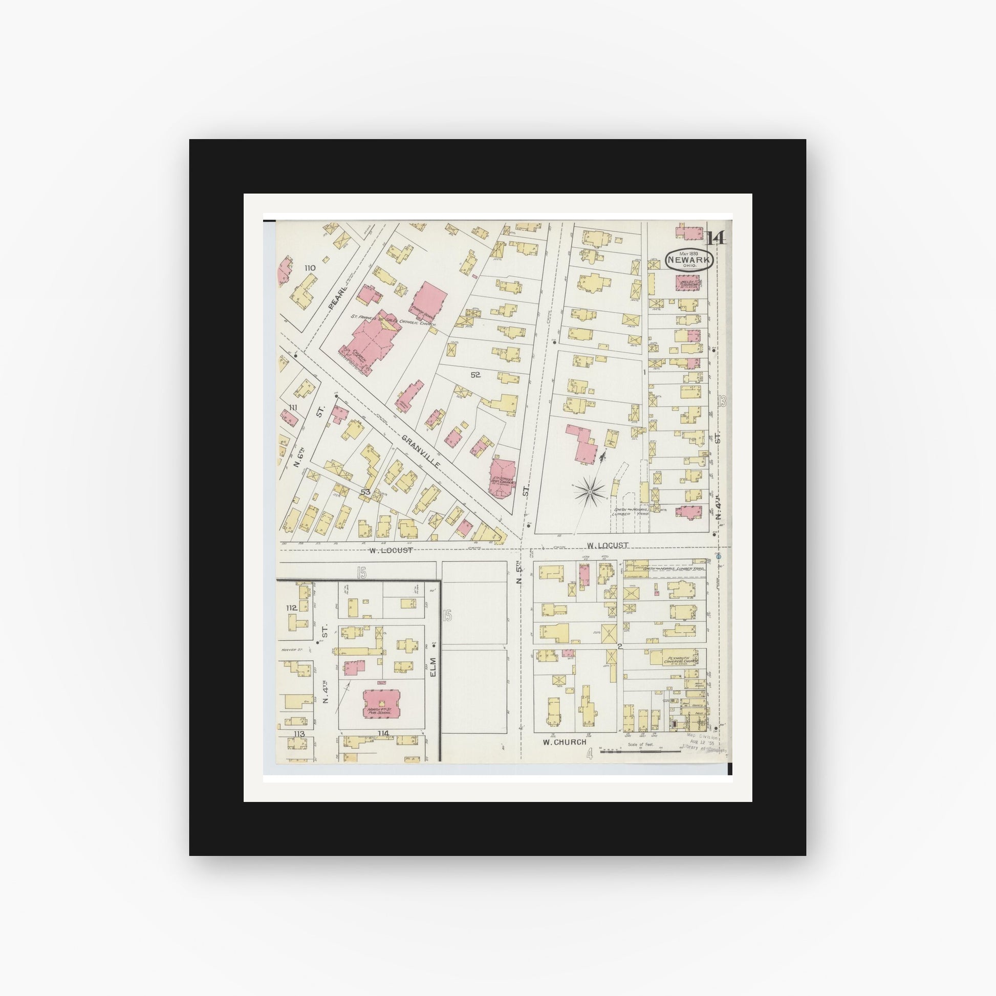 Old map wall art mockup — black gallery frame with white mat — Sanborn Fire Insurance Map from Newark, Licking County, Ohio (1893), Sheet #0014