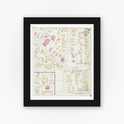 Old map wall art mockup — black gallery frame with white mat — Sanborn Fire Insurance Map from Newark, Licking County, Ohio (1893), Sheet #0014