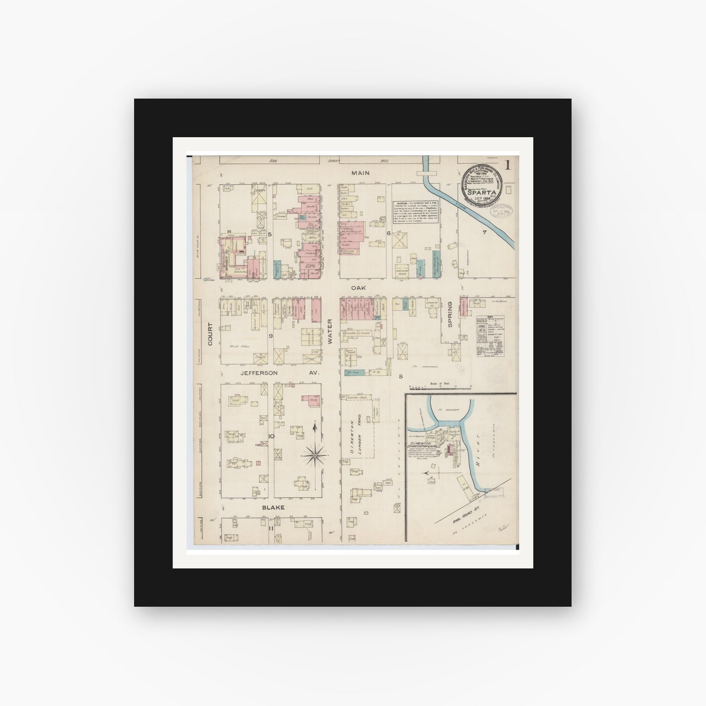 Old map wall art mockup — black gallery frame with white mat — Sanborn Fire Insurance Map from Sparta, Monroe County, Wisconsin (1884), Sheet #0001
