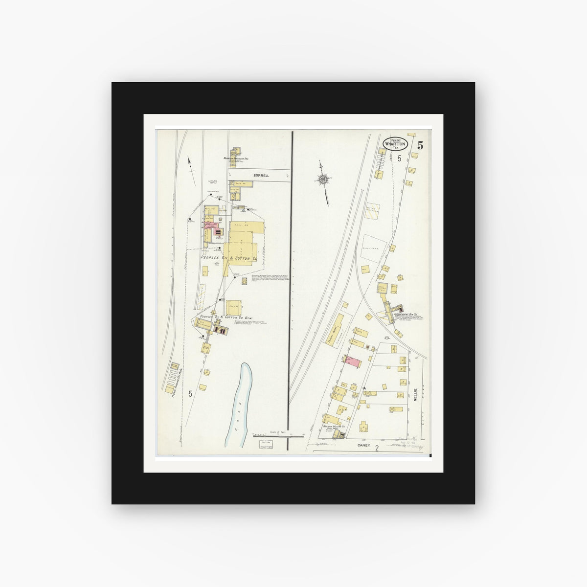 Old map wall art mockup — black gallery frame with white mat — Sanborn Fire Insurance Map from Wharton, Wharton County, Texas (1912), Sheet #0006
