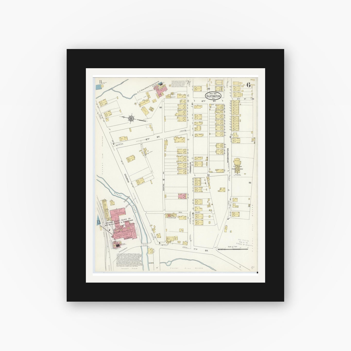 Old map wall art mockup — black gallery frame with white mat — Sanborn Fire Insurance Map from Slatington, Lehigh County, Pennsylvania (1913), Sheet #0006