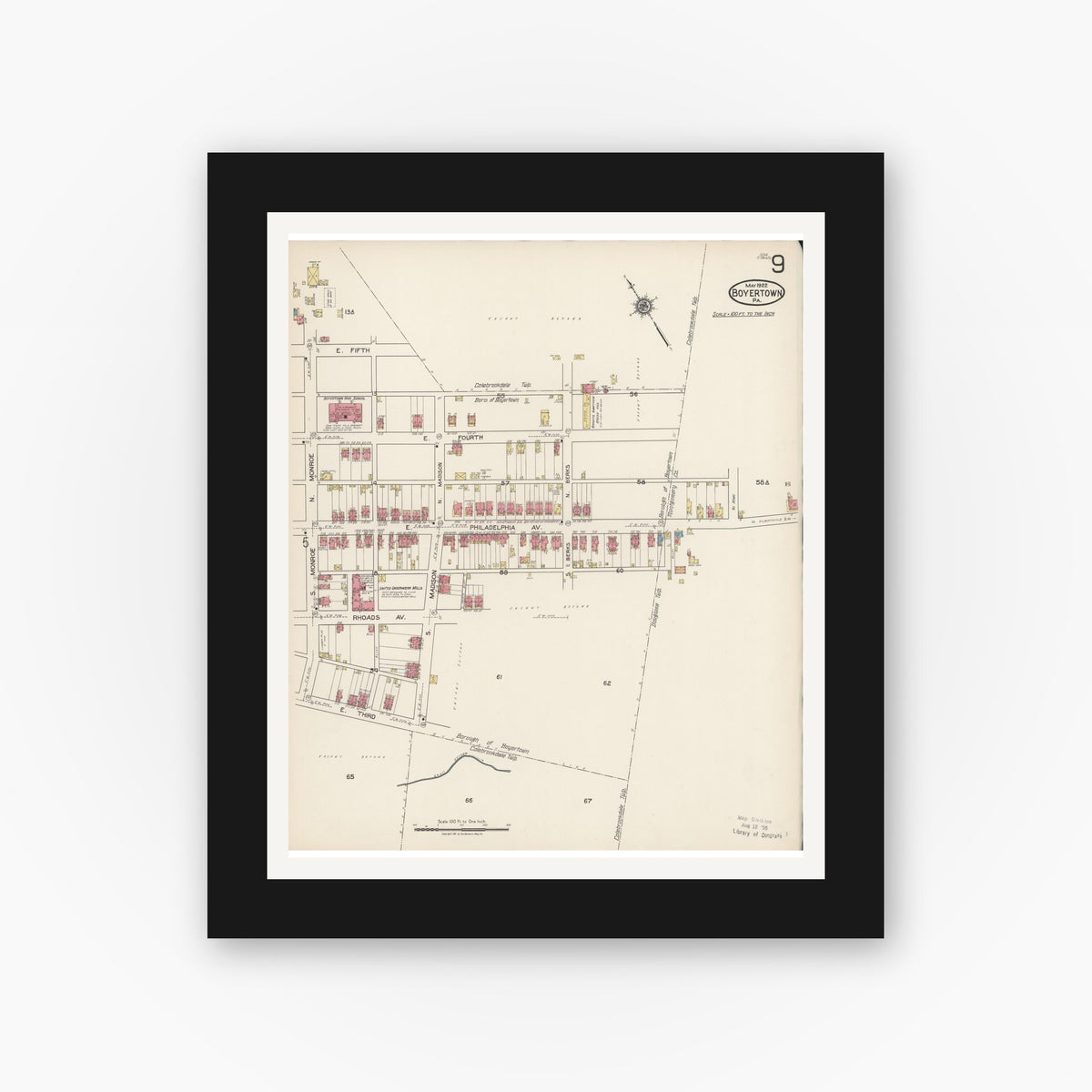 Old map wall art mockup — black gallery frame with white mat — Sanborn Fire Insurance Map from Boyertown, Berks County, Pennsylvania (1922), Sheet #0009