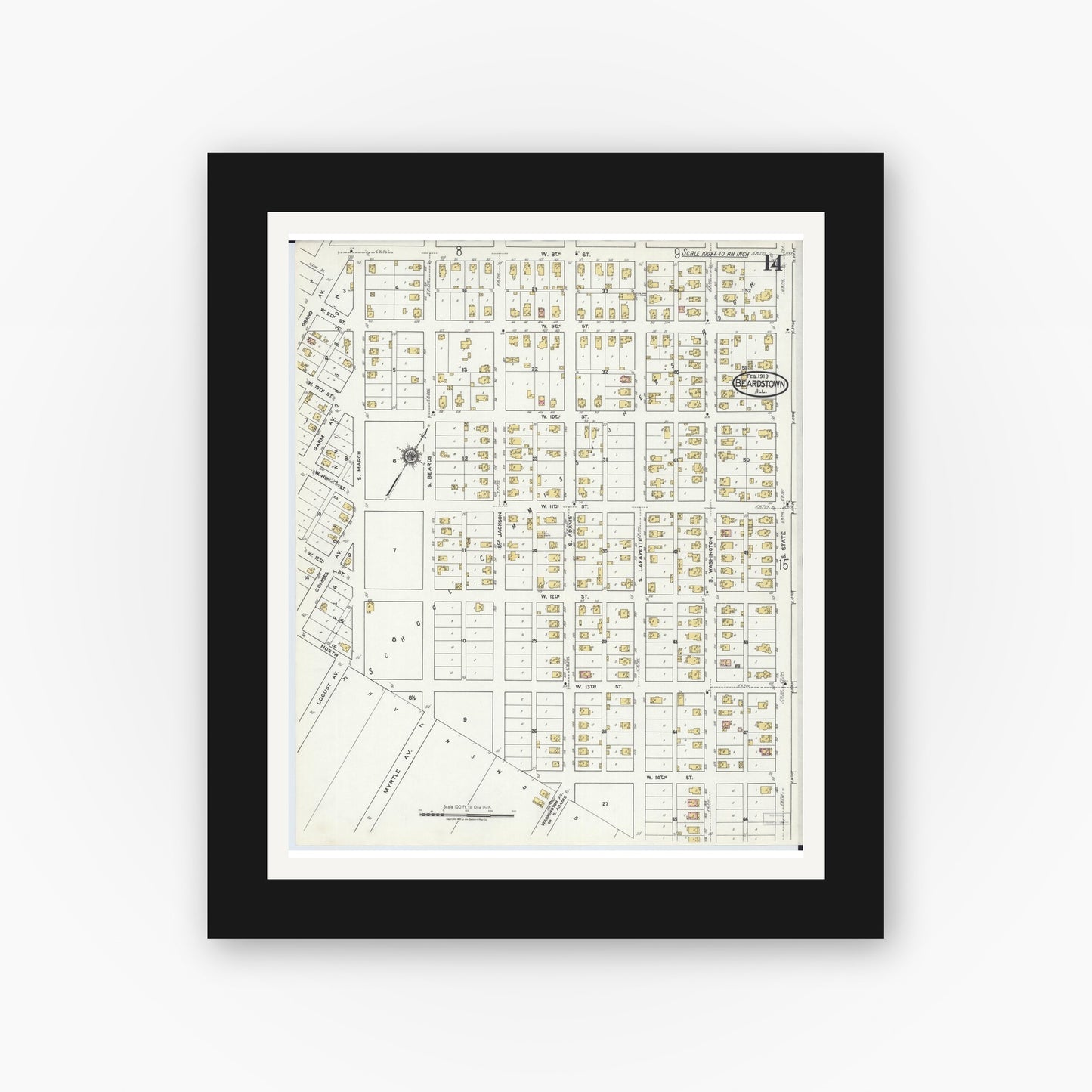 Old map wall art mockup — black gallery frame with white mat — Sanborn Fire Insurance Map from Beardstown, Cass County, Illinois (1919), Sheet #0014