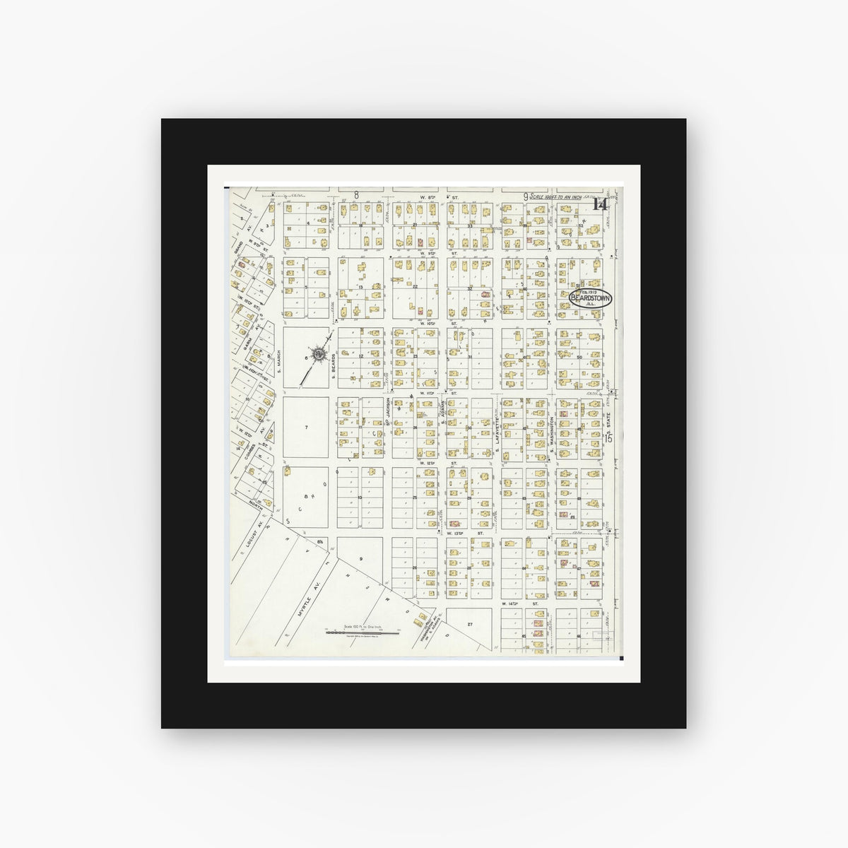 Old map wall art mockup — black gallery frame with white mat — Sanborn Fire Insurance Map from Beardstown, Cass County, Illinois (1919), Sheet #0014