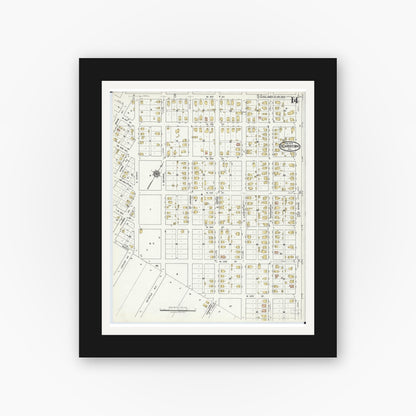 Old map wall art mockup — black gallery frame with white mat — Sanborn Fire Insurance Map from Beardstown, Cass County, Illinois (1919), Sheet #0014