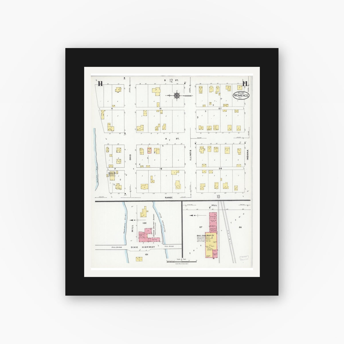 Old map wall art mockup — black gallery frame with white mat — Sanborn Fire Insurance Map from Momence, Kankakee County, Illinois (1924), Sheet #0011