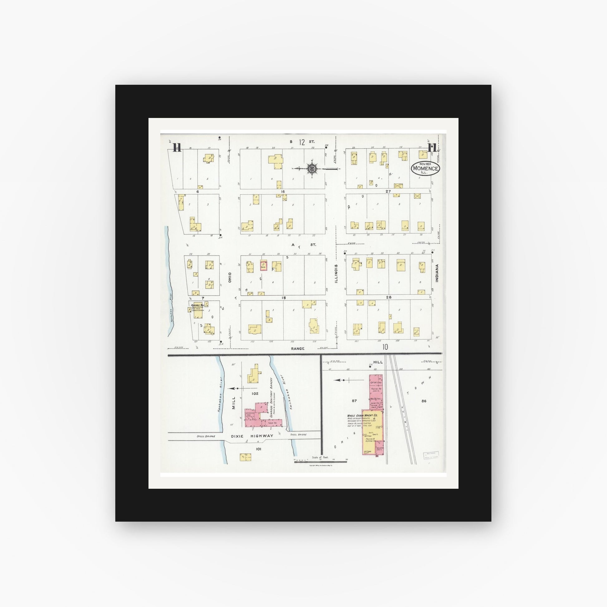 Old map wall art mockup — black gallery frame with white mat — Sanborn Fire Insurance Map from Momence, Kankakee County, Illinois (1924), Sheet #0011
