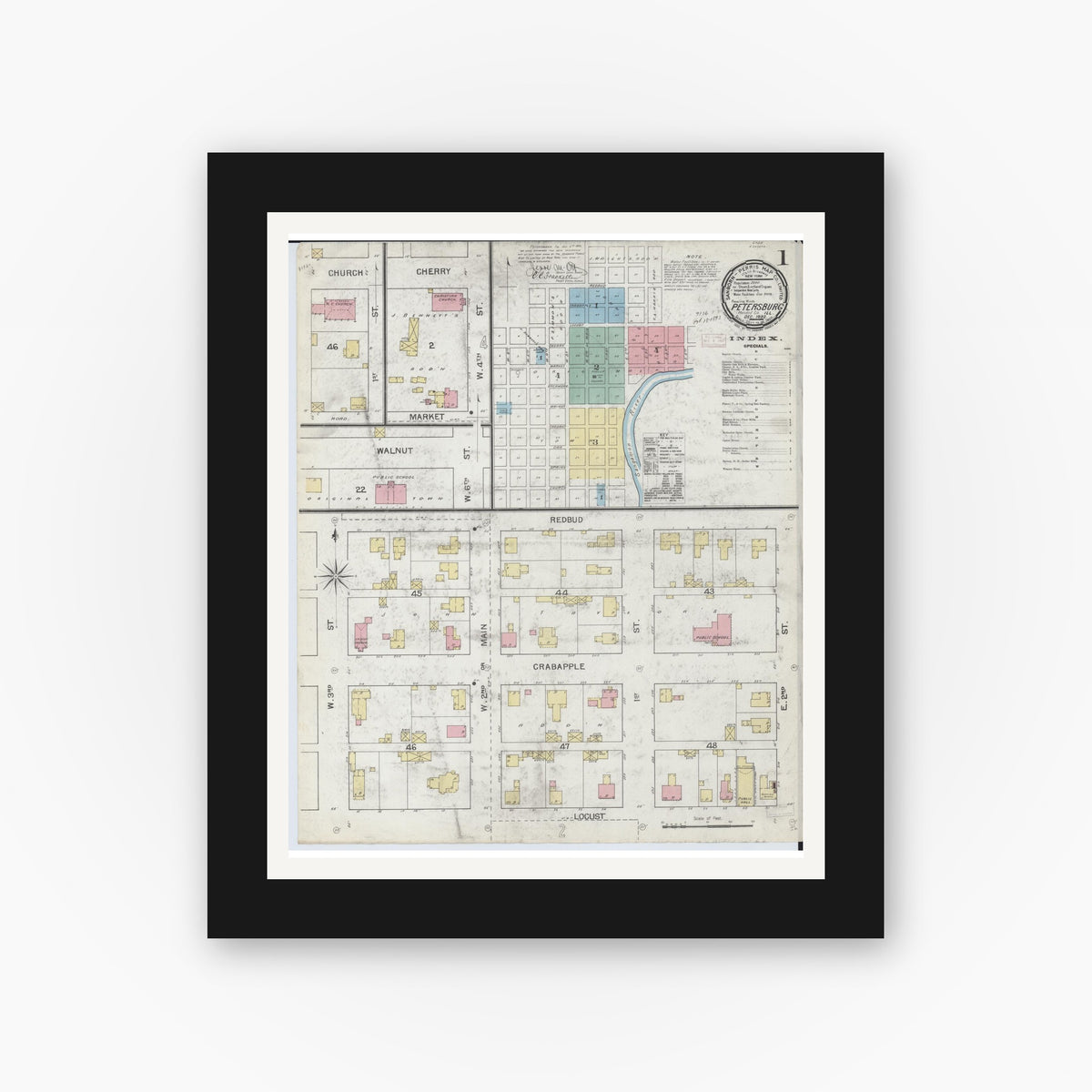 Old map wall art mockup — black gallery frame with white mat — Sanborn Fire Insurance Map from Petersburg, Menard County, Illinois (1892) - Complete Map Set