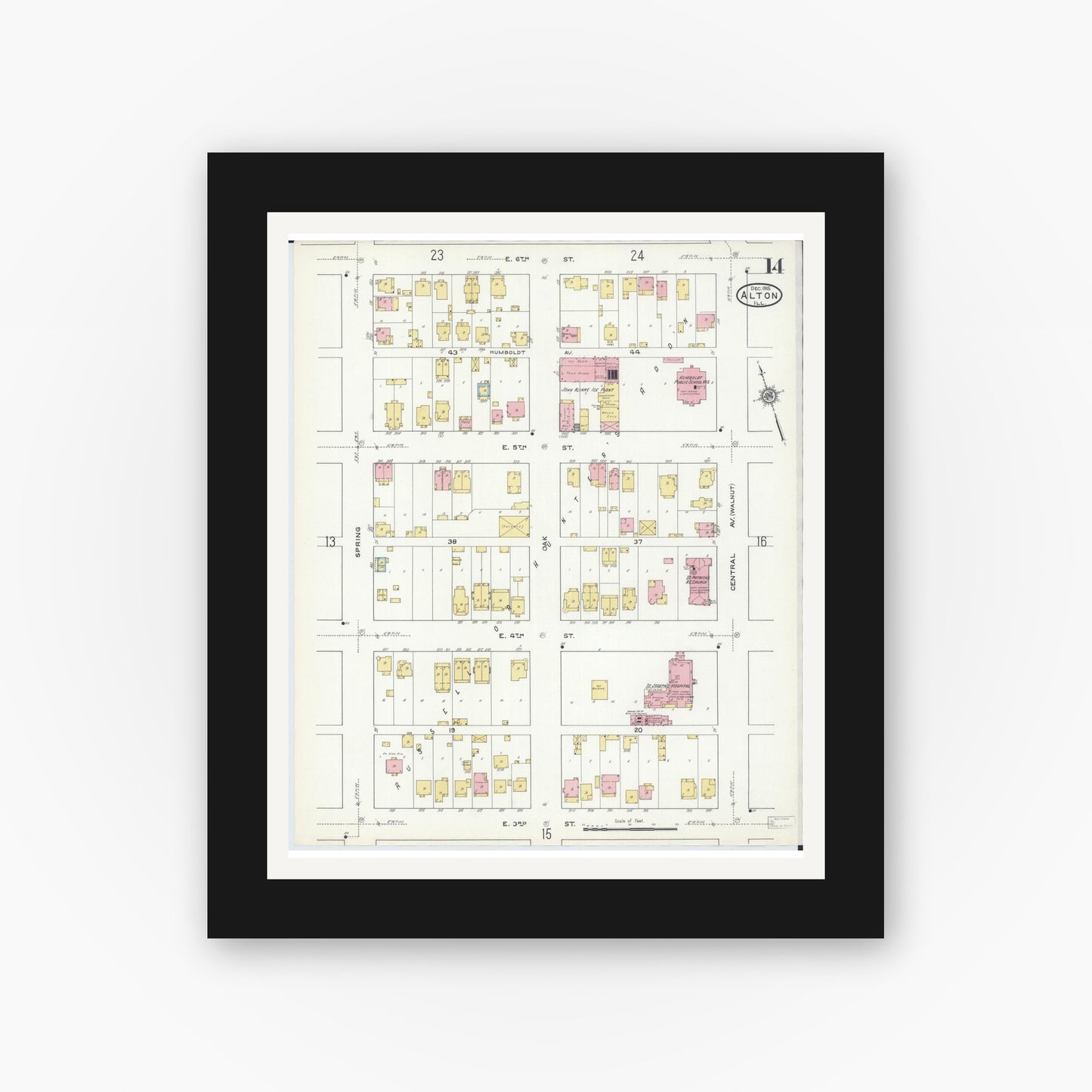 Old map wall art mockup — black gallery frame with white mat — Sanborn Fire Insurance Map from Alton, Madison County, Illinois (1915), Sheet #0014