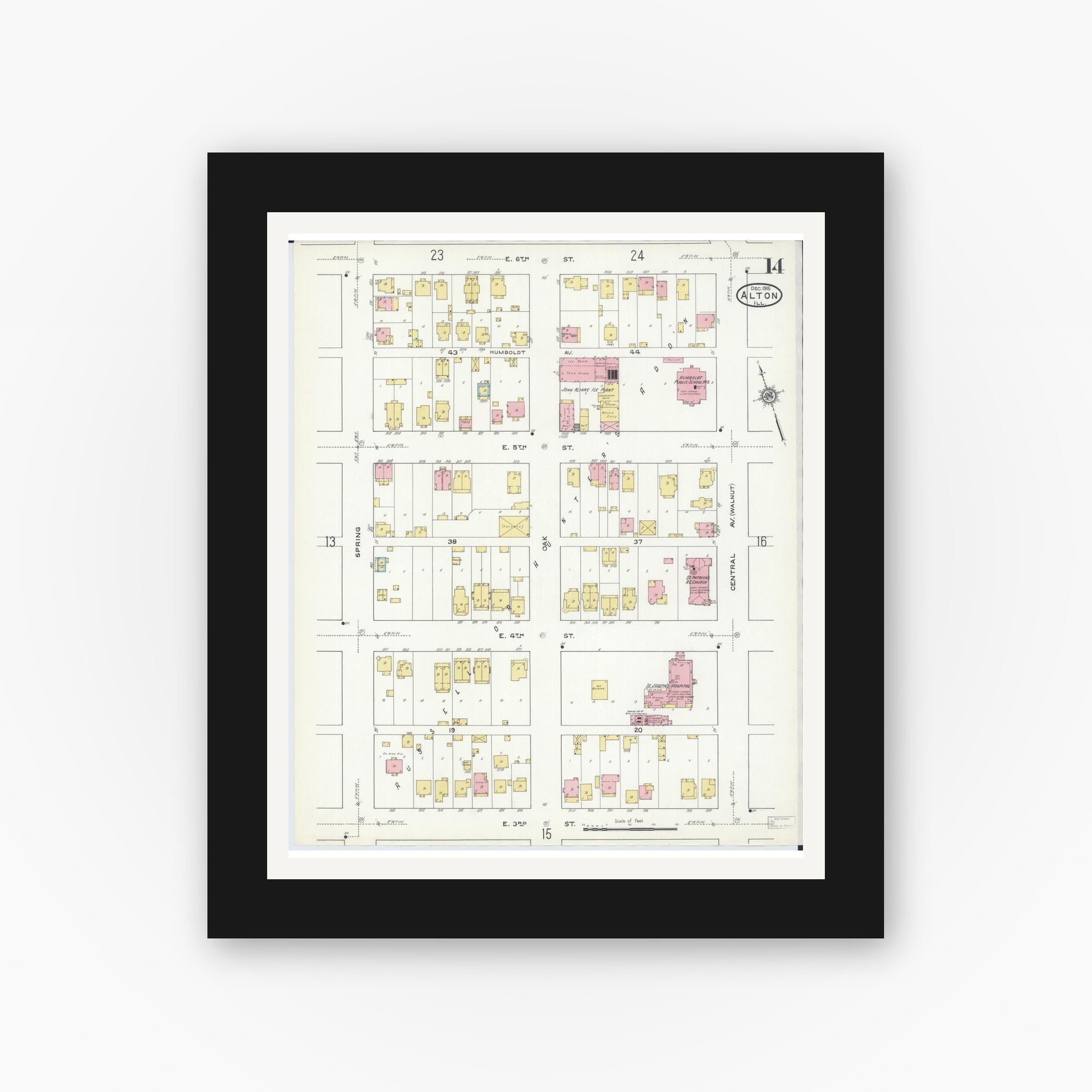 Old map wall art mockup — black gallery frame with white mat — Sanborn Fire Insurance Map from Alton, Madison County, Illinois (1915), Sheet #0014