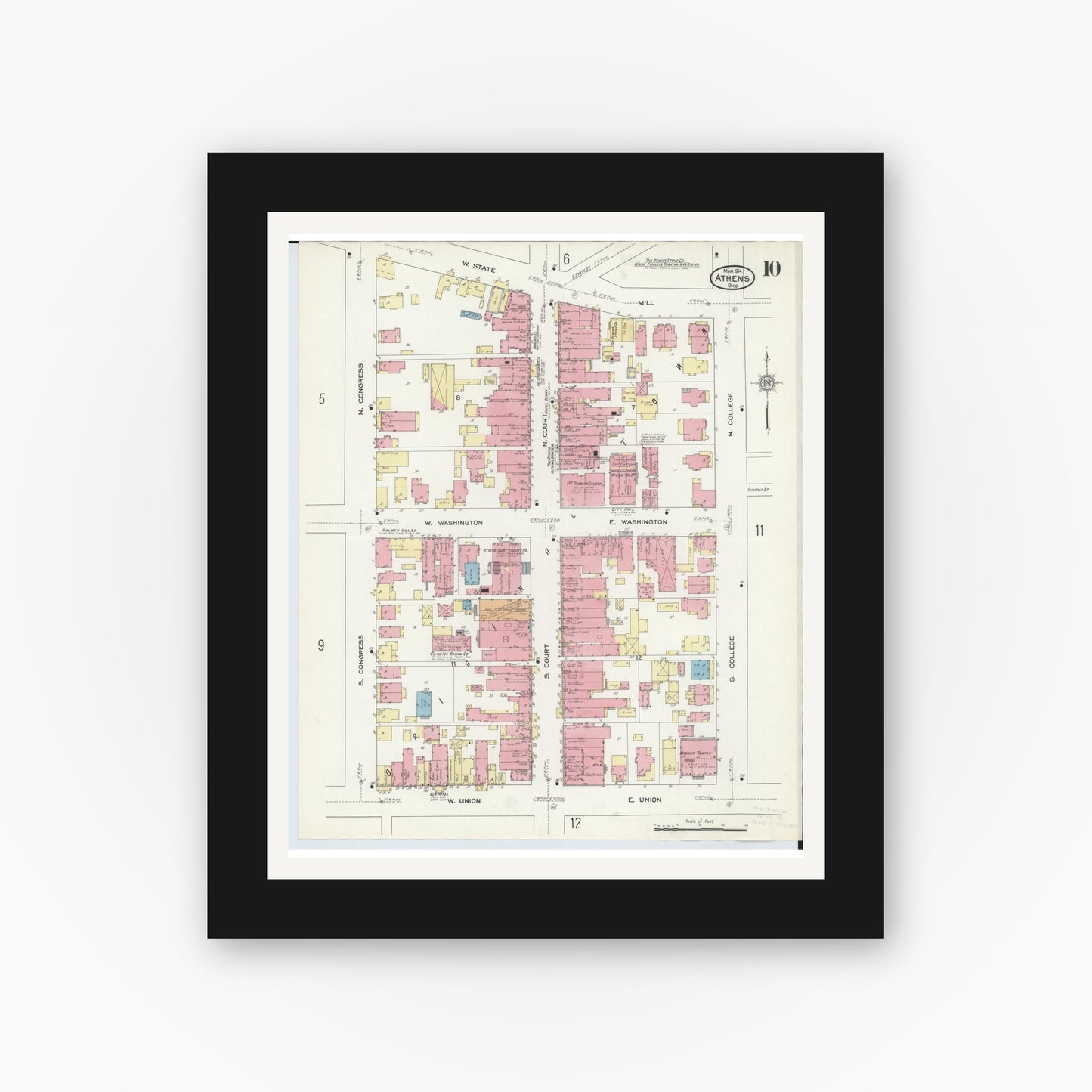 Old map wall art mockup — black gallery frame with white mat — Sanborn Fire Insurance Map from Athens, Athens County, Ohio (1914), Sheet #0010
