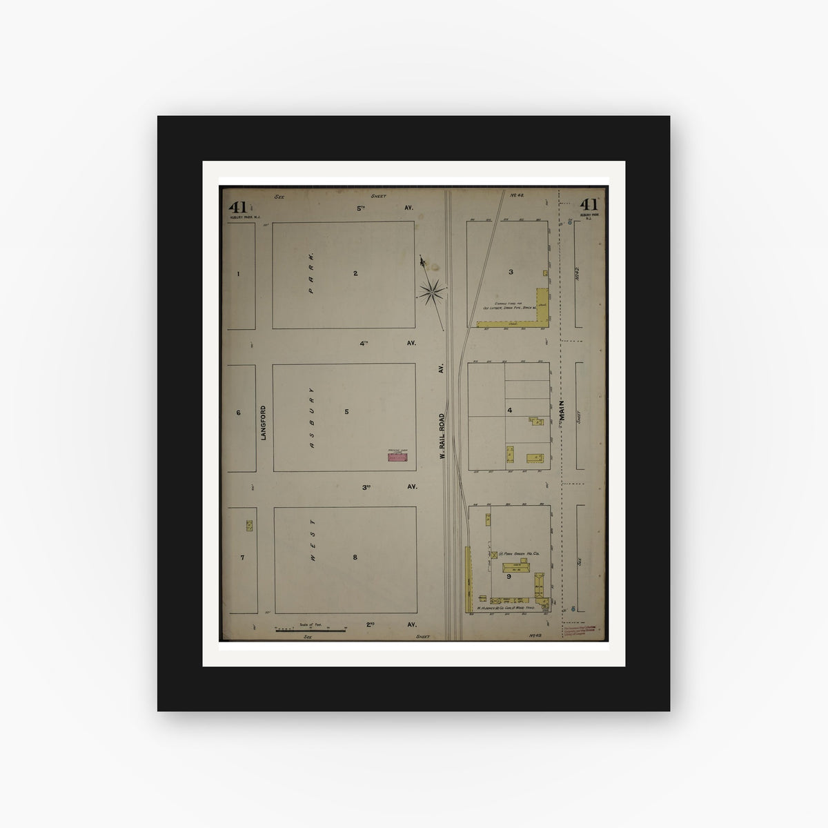 Old map wall art mockup — black gallery frame with white mat — Sanborn Fire Insurance Map from New Jersey Coast, New Jersey Coast, New Jersey (1890), Sheet #0041