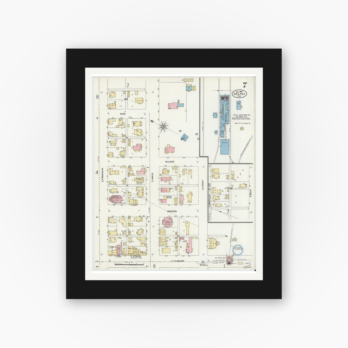 Old map wall art mockup — black gallery frame with white mat — Sanborn Fire Insurance Map from Delphi, Carroll County, Indiana (1906), Sheet #0007