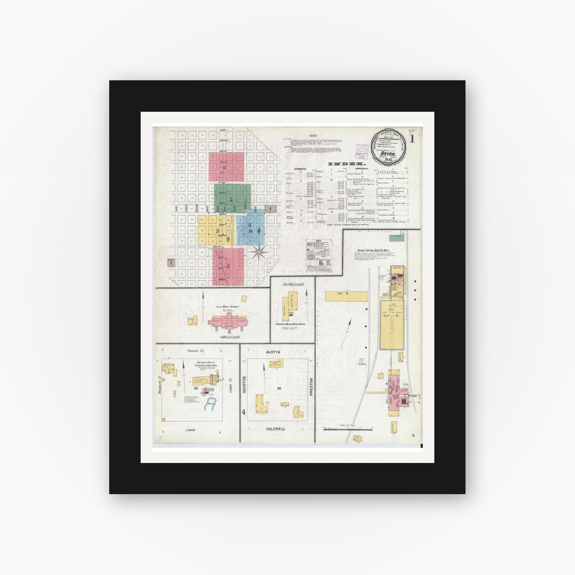 Old map wall art mockup — black gallery frame with white mat — Sanborn Fire Insurance Map from Bryan, Brazos County, Texas (1901), Sheet #0001