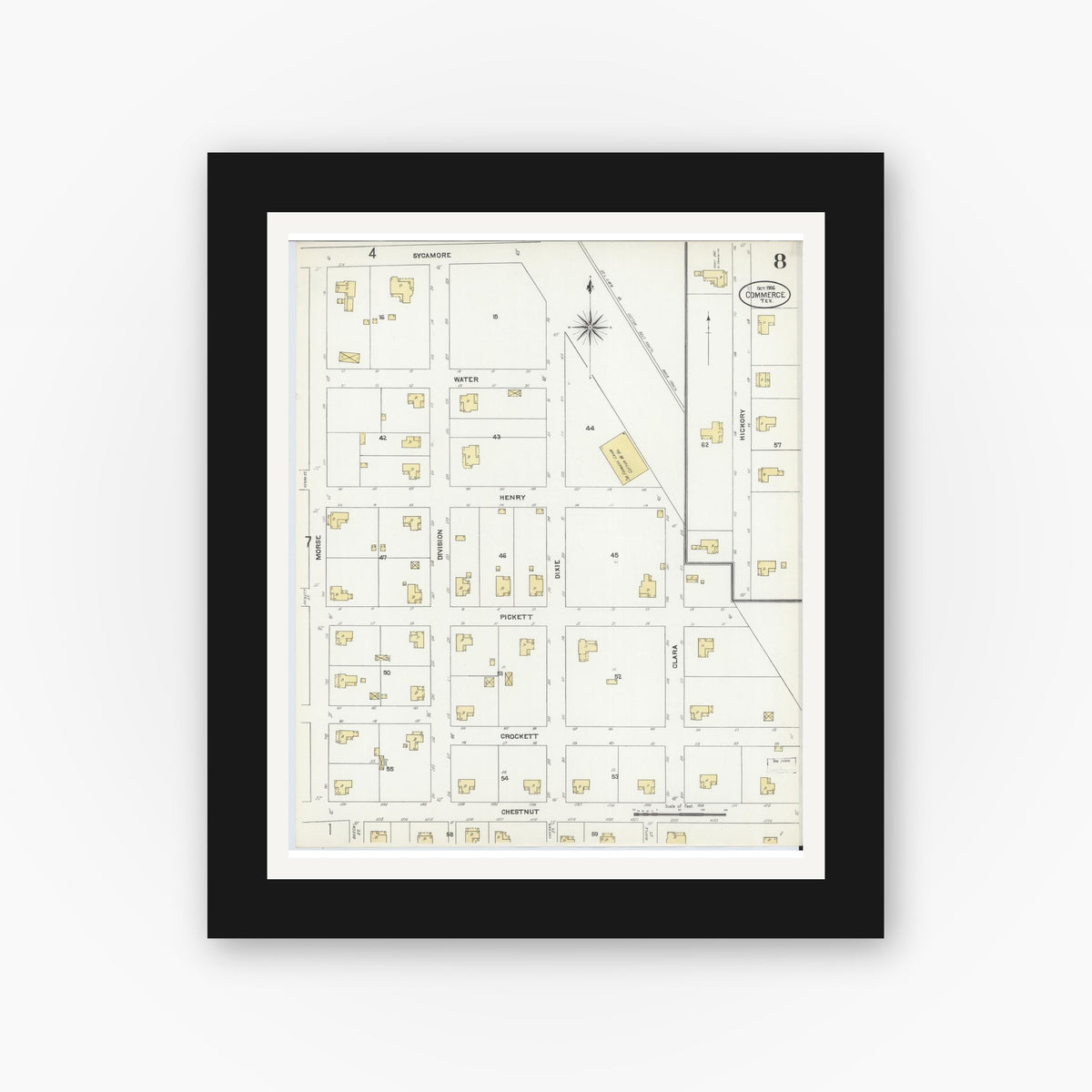 Old map wall art mockup — black gallery frame with white mat — Sanborn Fire Insurance Map from Commerce, Hunt County, Texas (1906), Sheet #0008