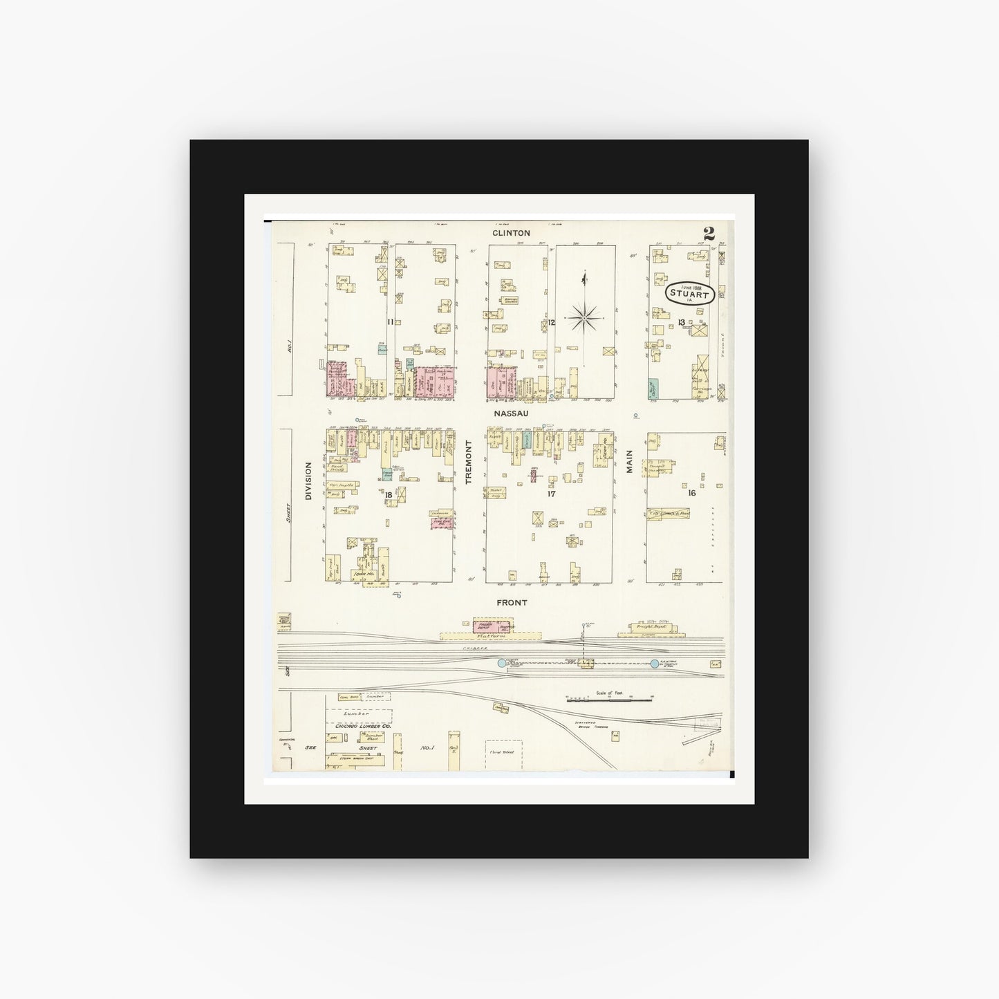 Old map wall art mockup — black gallery frame with white mat — Sanborn Fire Insurance Map from Stuart, Guthrie and Adair Counties, Iowa (1888), Sheet #0002