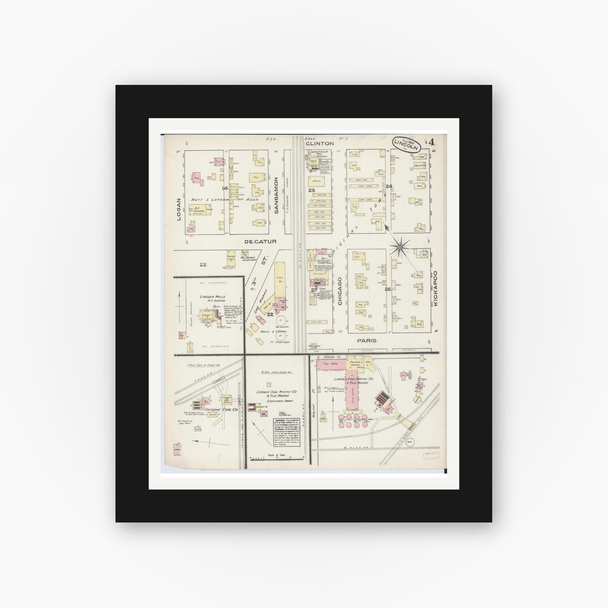 Old map wall art mockup — black gallery frame with white mat — Sanborn Fire Insurance Map from Lincoln, Logan County, Illinois (1884), Sheet #0004
