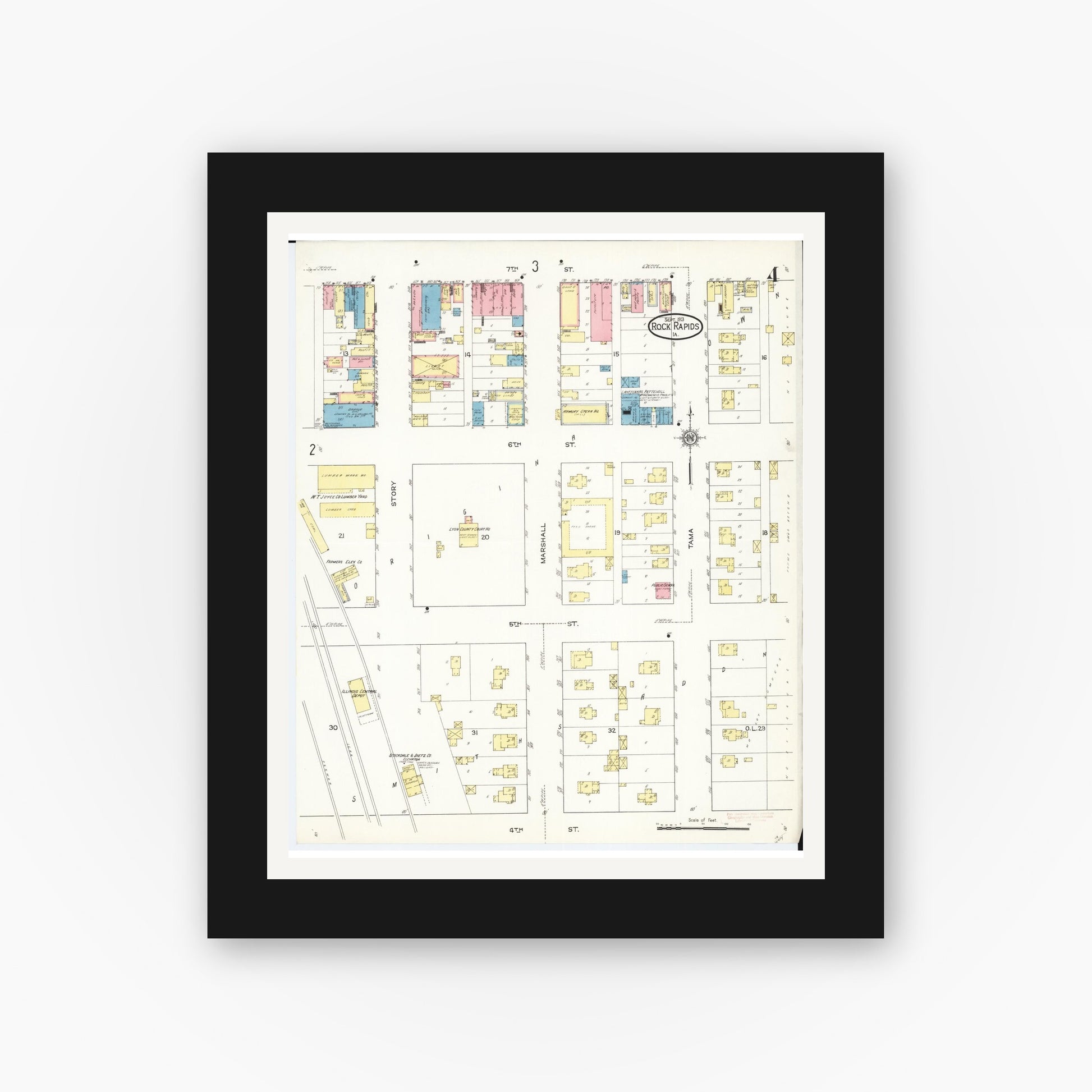 Old map wall art mockup — black gallery frame with white mat — Sanborn Fire Insurance Map from Rock Rapids, Lyon County, Iowa (1913), Sheet #0004