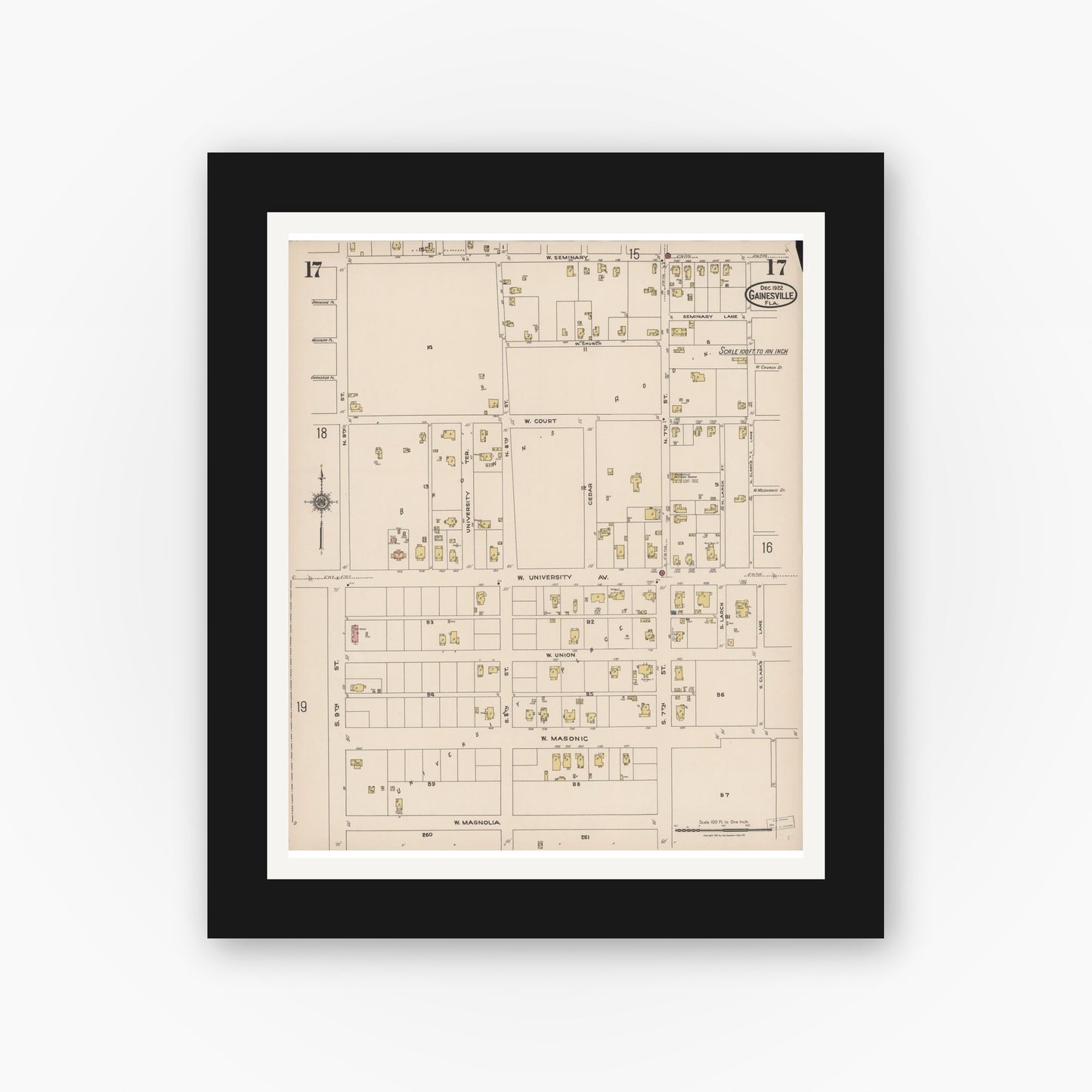 Old map wall art mockup — black gallery frame with white mat — Sanborn Fire Insurance Map from Gainesville, Alachua County, Florida (1922), Sheet #0017