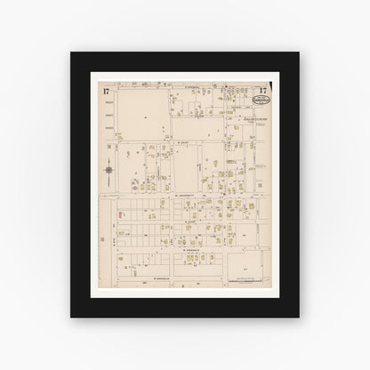 Old map wall art mockup — black gallery frame with white mat — Sanborn Fire Insurance Map from Gainesville, Alachua County, Florida (1922), Sheet #0017