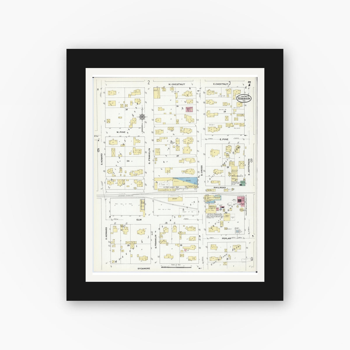 Old map wall art mockup — black gallery frame with white mat — Sanborn Fire Insurance Map from Robinson, Crawford County, Illinois (1910), Sheet #0007