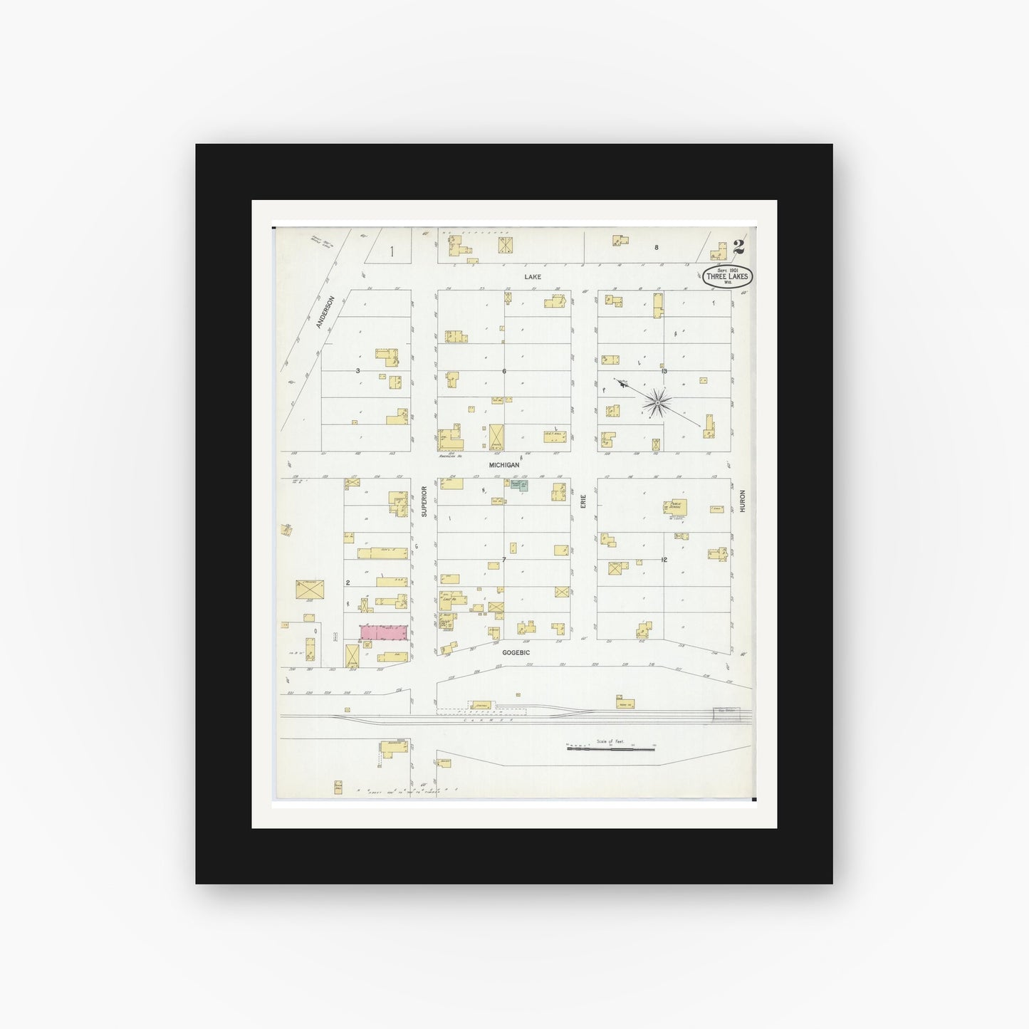 Old map wall art mockup — black gallery frame with white mat — Sanborn Fire Insurance Map from Three Lakes, Oneida County, Wisconsin (1901), Sheet #0002