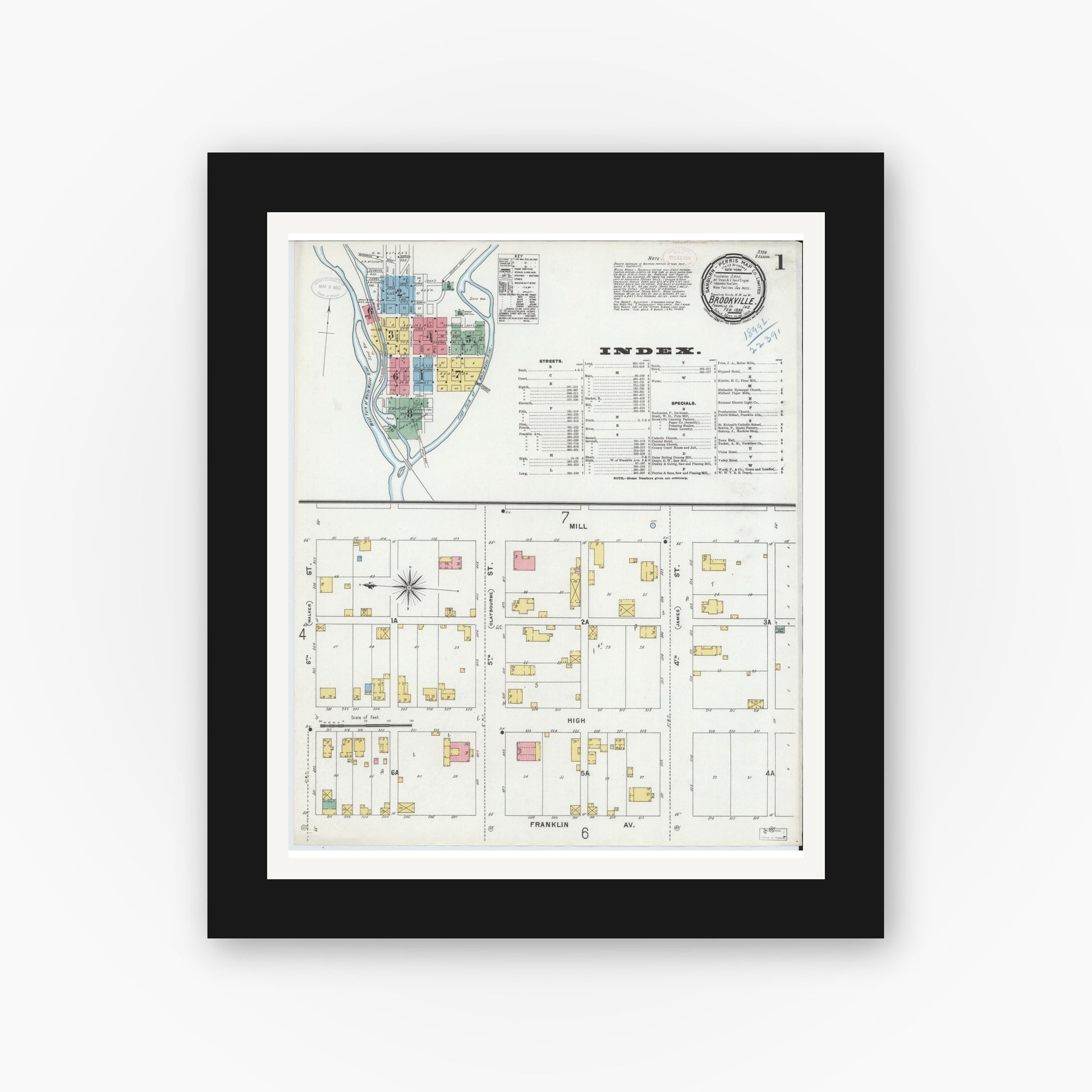 Old map wall art mockup — black gallery frame with white mat — Sanborn Fire Insurance Map from Brookville, Franklin County, Indiana (1899) - Complete Map Set