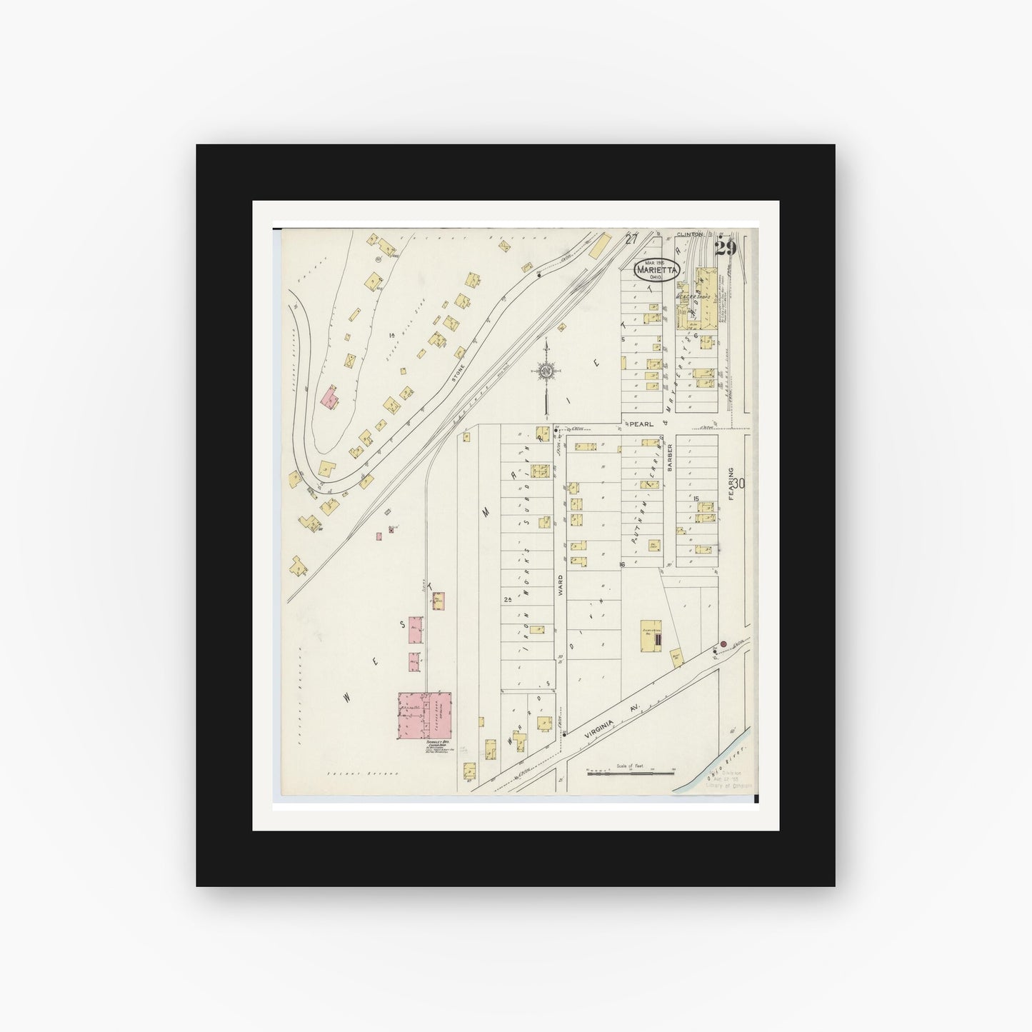 Old map wall art mockup — black gallery frame with white mat — Sanborn Fire Insurance Map from Marietta, Washington County, Ohio (1915), Sheet #0029