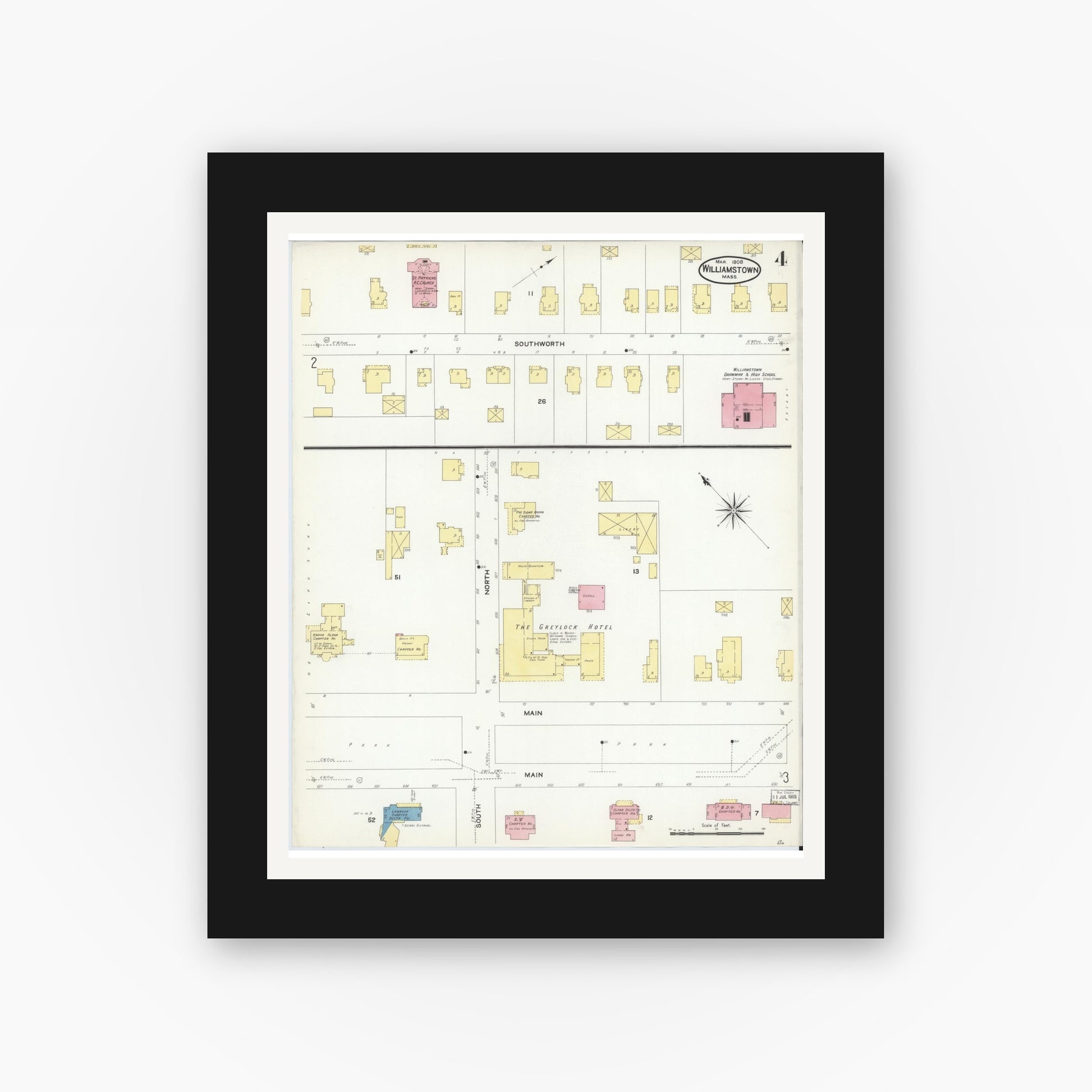 Old map wall art mockup — black gallery frame with white mat — Sanborn Fire Insurance Map from Williamstown, Berkshire County, Massachusetts (1908), Sheet #0004