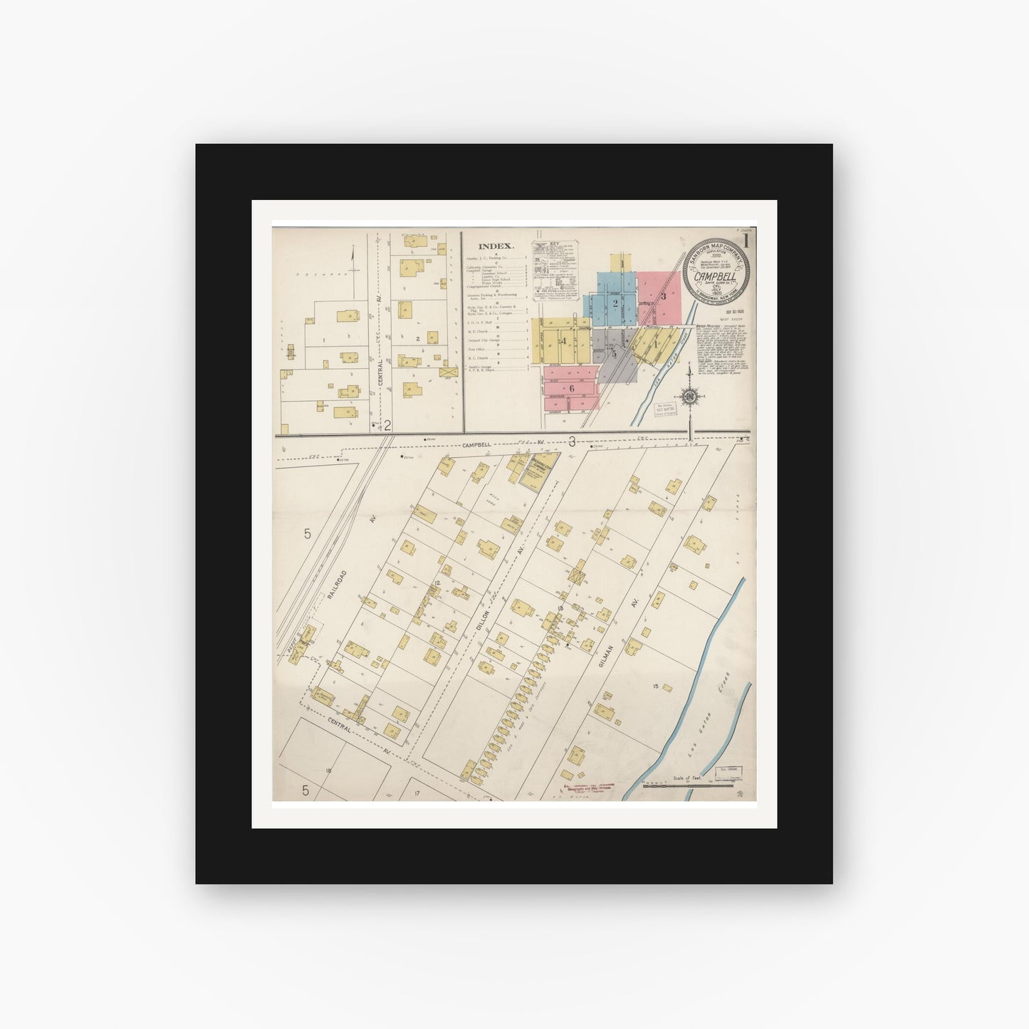 Old map wall art mockup — black gallery frame with white mat — Sanborn Fire Insurance Map from Campbell, Santa Clara County, California (1920) - Complete Map Set
